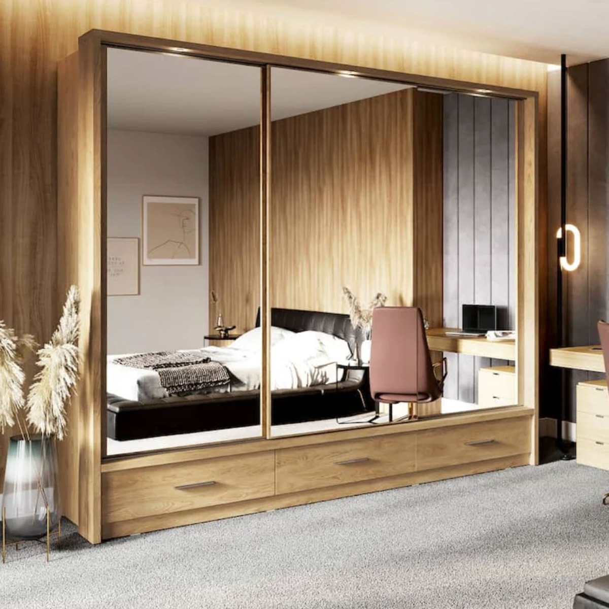 IRVINE II 3 Door Mirrored Sliding Wardrobe with 3 Drawer Oak - 250cm