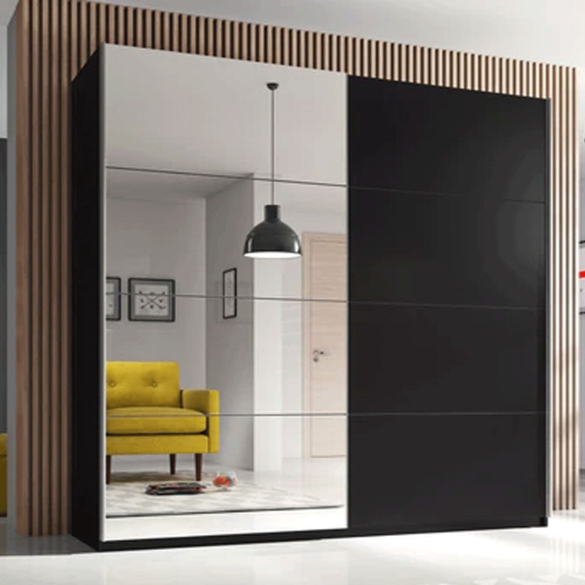 VORTEX 2 Door Mirrored Sliding Wardrobe Black Matt - 180cm