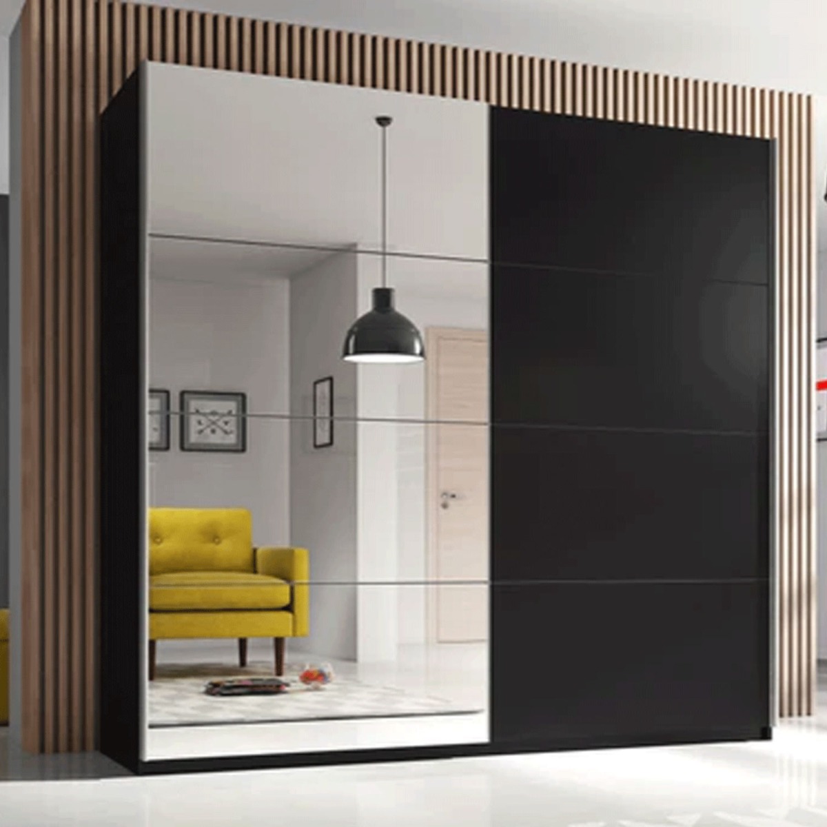 VORTEX 2 Door Mirrored Sliding Wardrobe Black Matt - 221cm