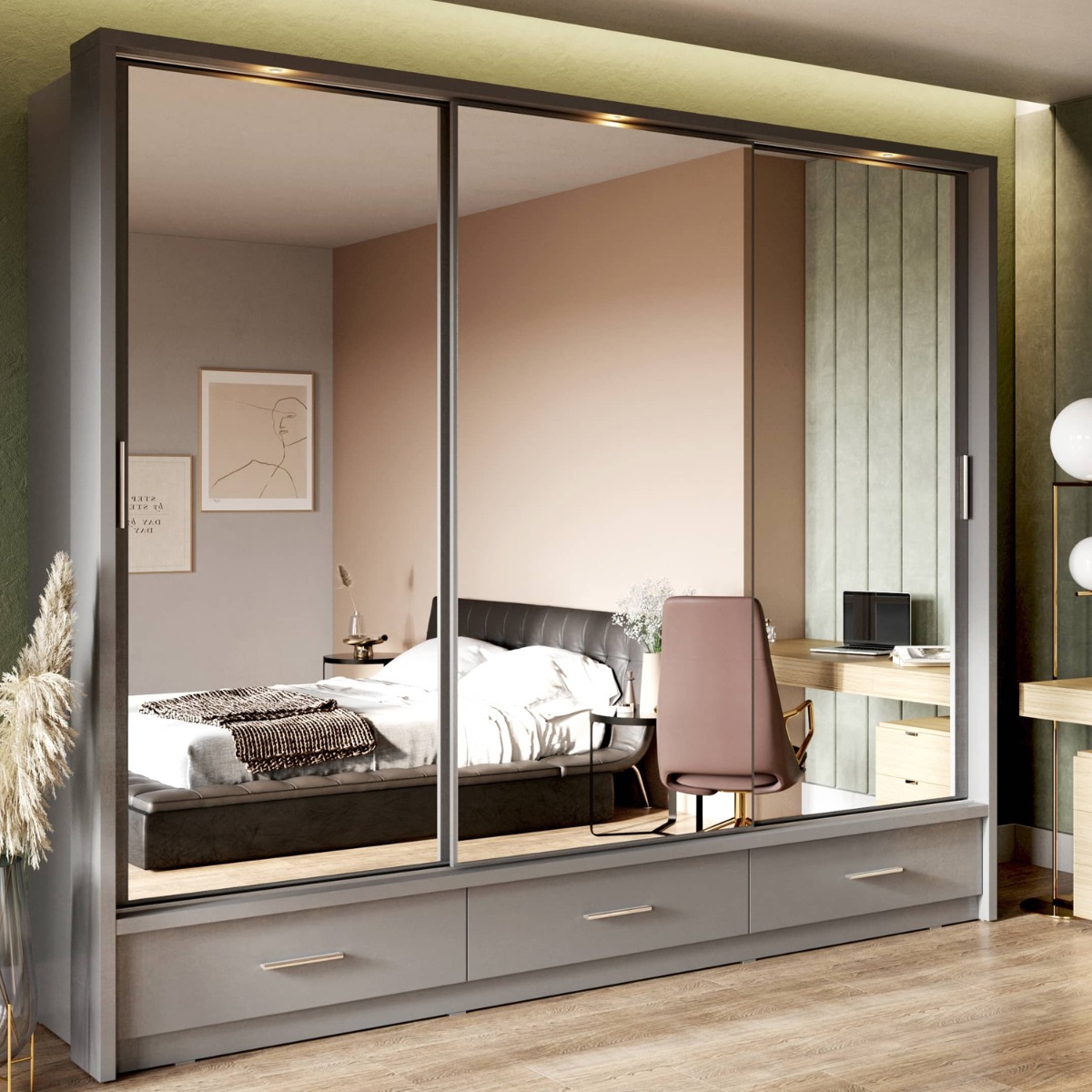 IRVINE II 3 Door Mirrored Sliding Wardrobe with 3 Drawers Grey Matt - 250cm