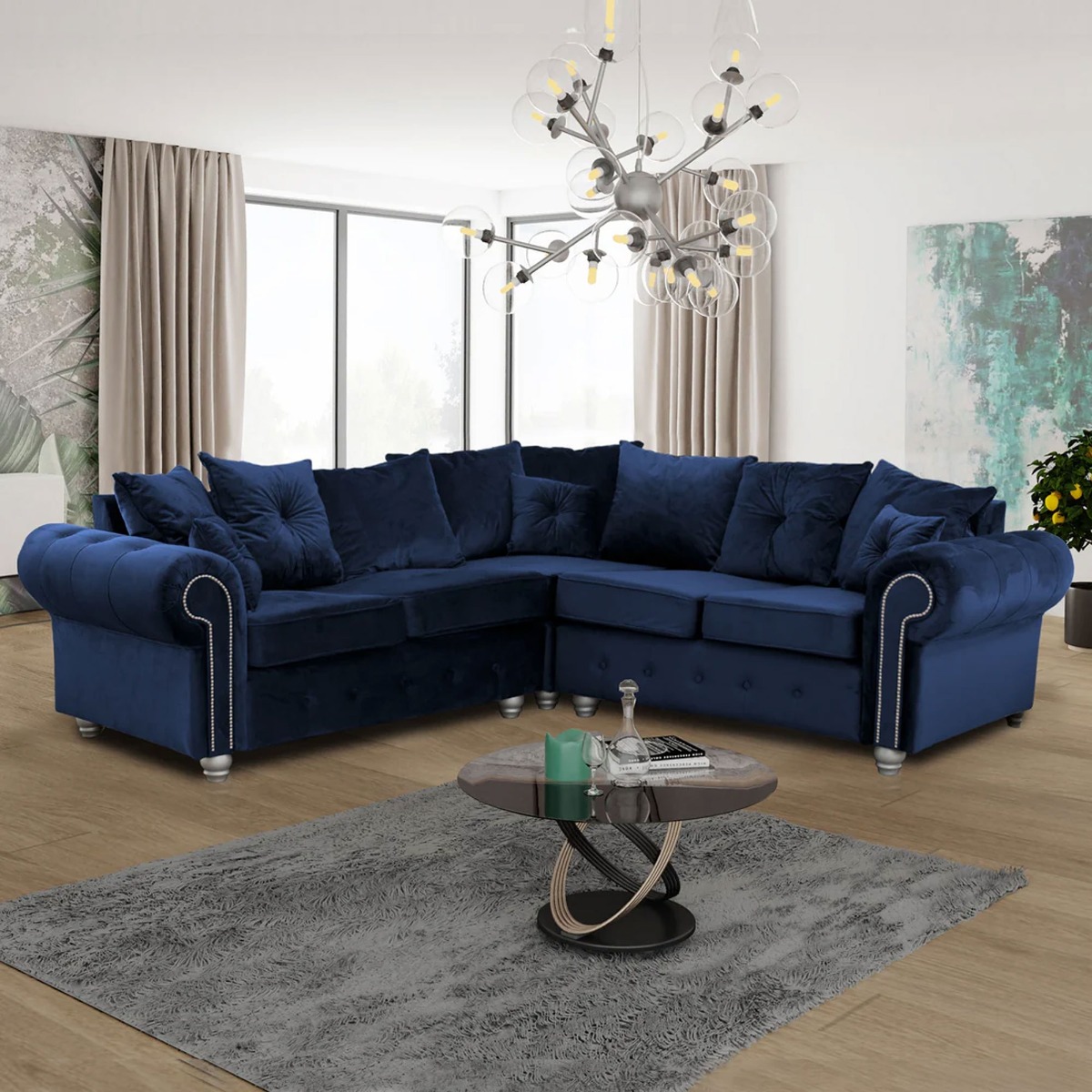 ASHWIN Plush Velvet 5 Seater Scatterback Corner Sofa - Blue