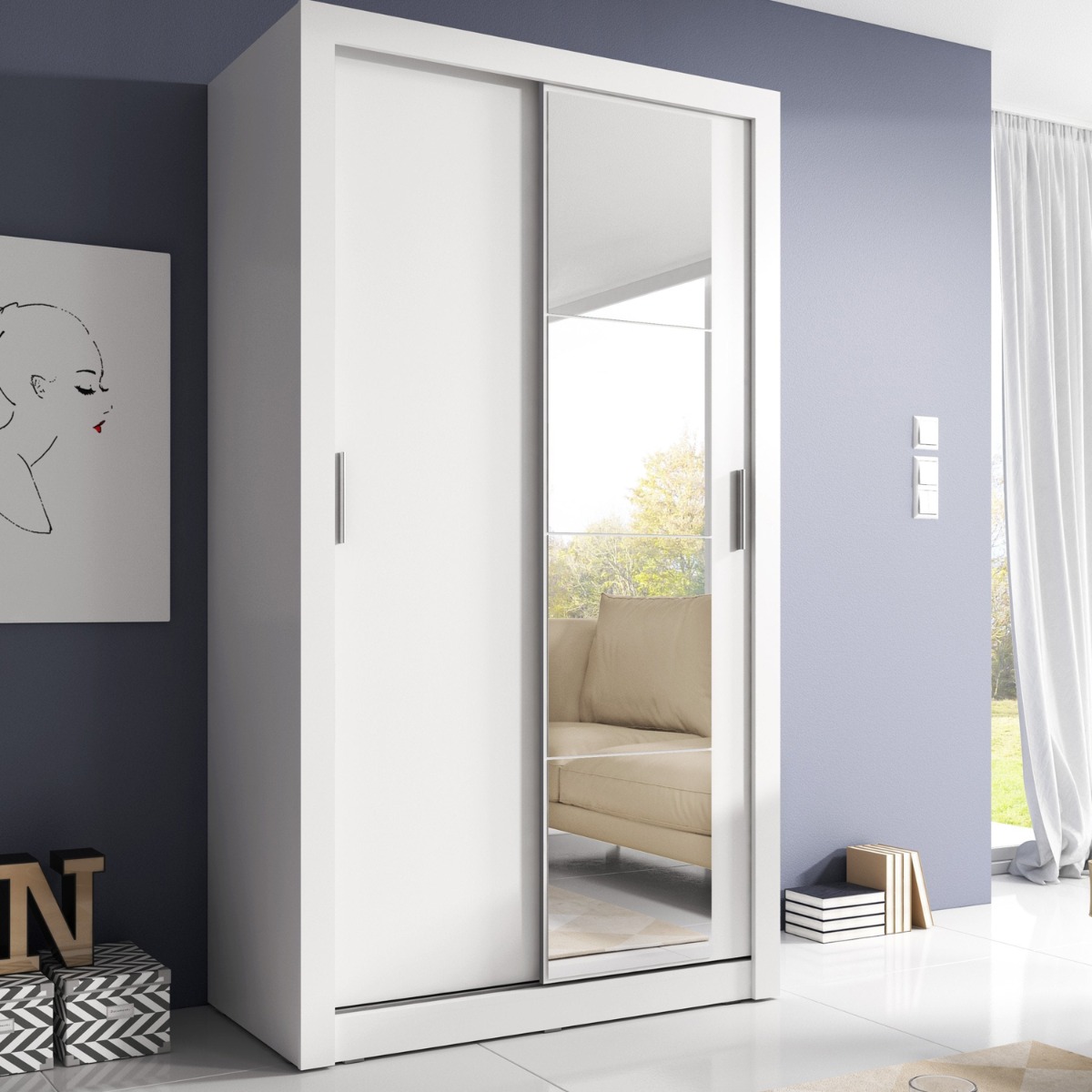 IRVINE 2 Door Mirrored Sliding Wardrobe White Matt - 120cm