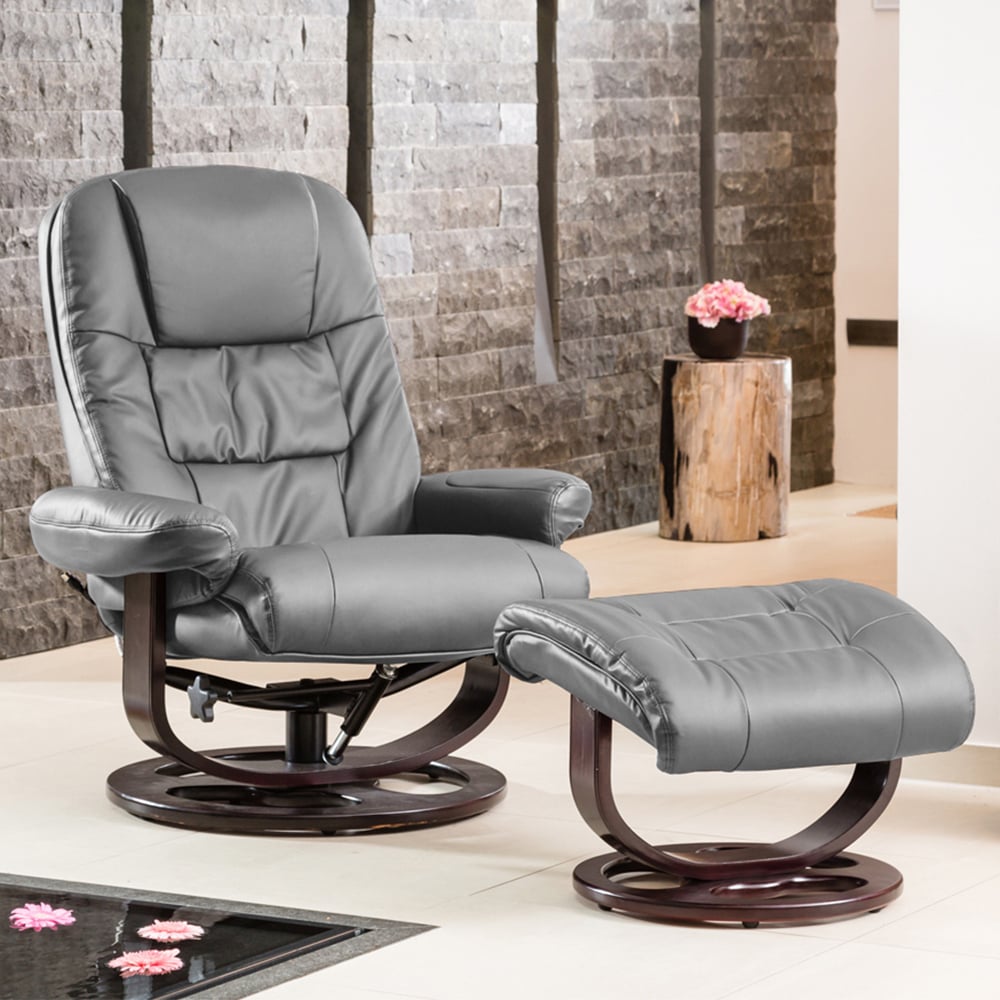 Armchair - THERAVO Leather Swivel Recliner with Stool and Heated Massage Chair - Grey