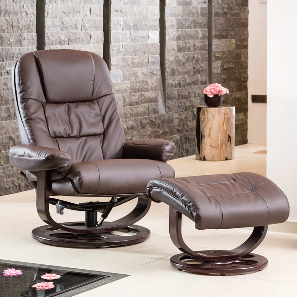 Armchair - THERAVO Leather Swivel Recliner Chair with Stool - Brown