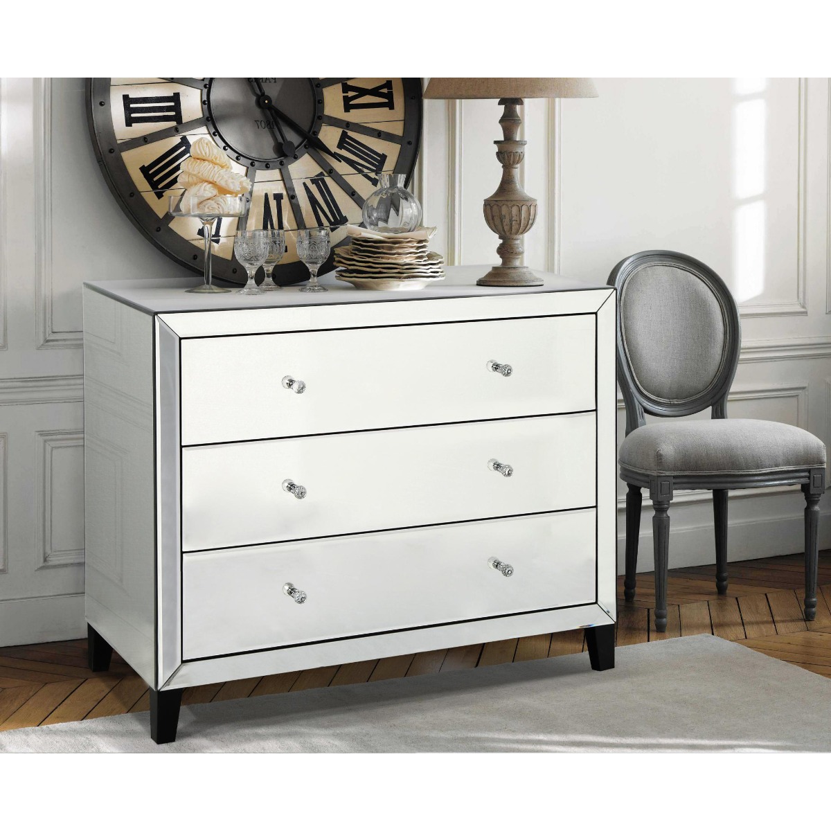 AVELEY Silver Chest of Drawers - Medium-sized, 3 Drawers, Mirrored