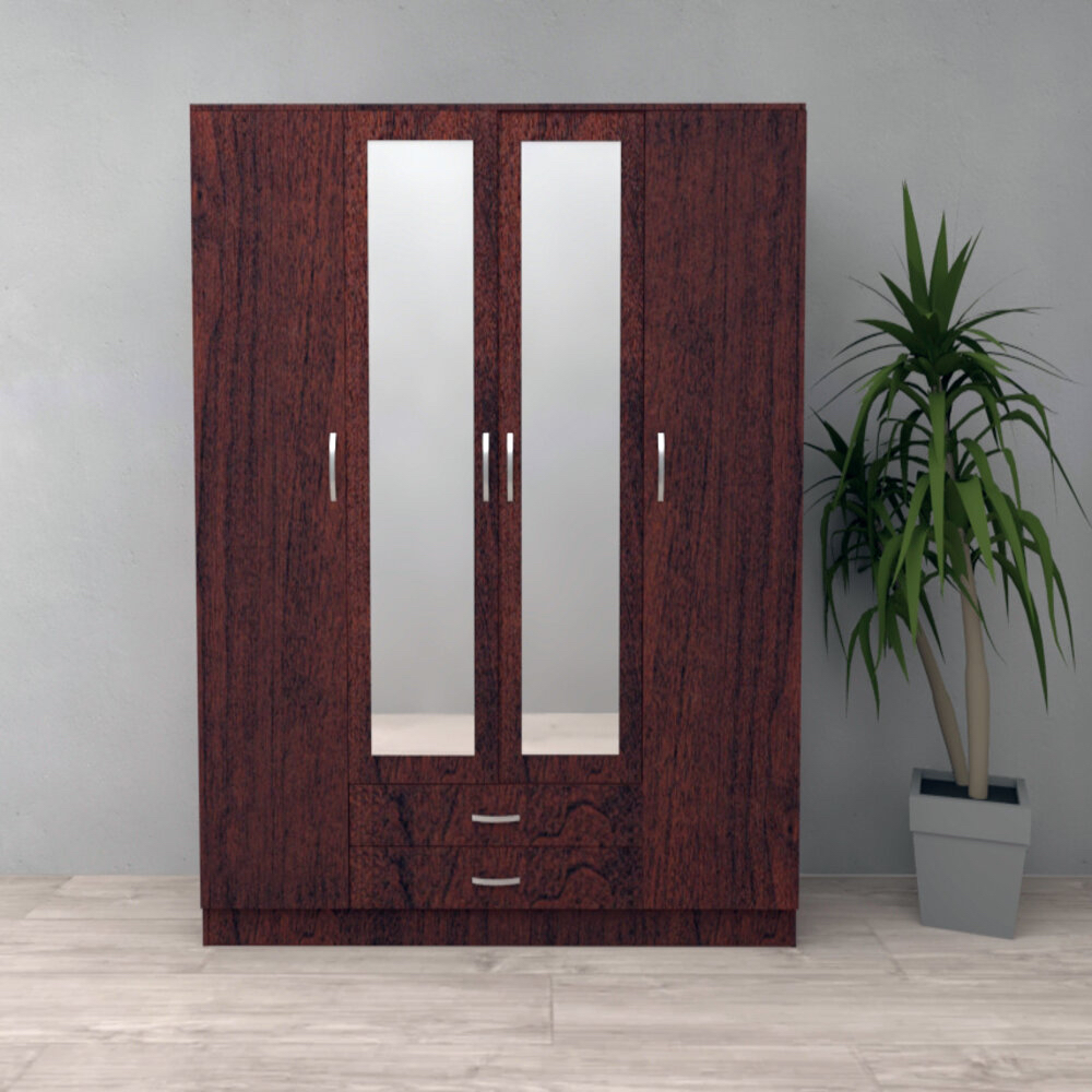 ROSE 4 Door Mirrored Wardrobe with 2 Drawers Walnut - 180cm