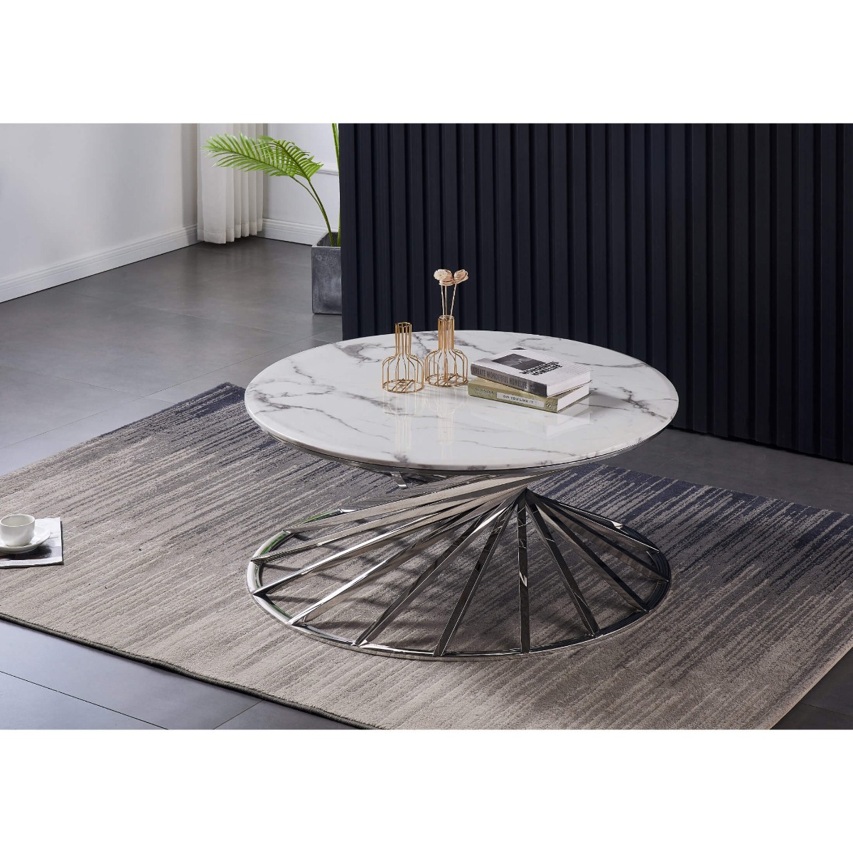 Elegance Elevated Brighton Marble Top Coffee Table Stainless Steel Base - Silver Finish