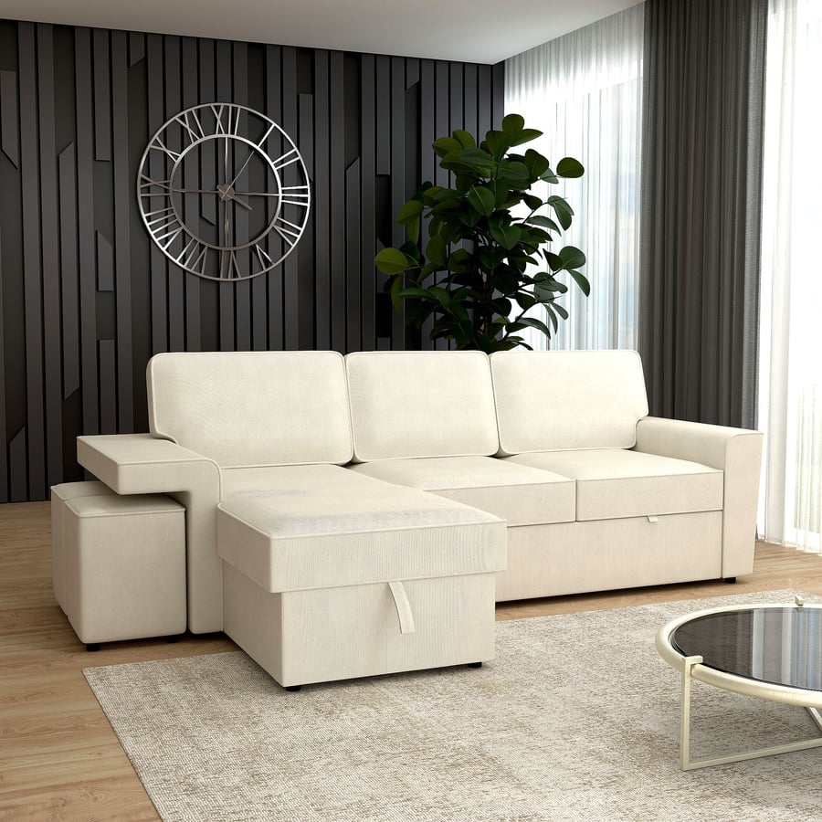 BECKMERE Fabric 3 Seater L Shaped Corner Sofa Bed - Cream, Reversible Facing