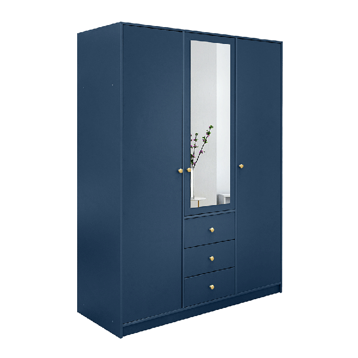 ELVIRO 3 Door Mirrored Wardrobe with 3 Drawers Dark Blue - 149cm