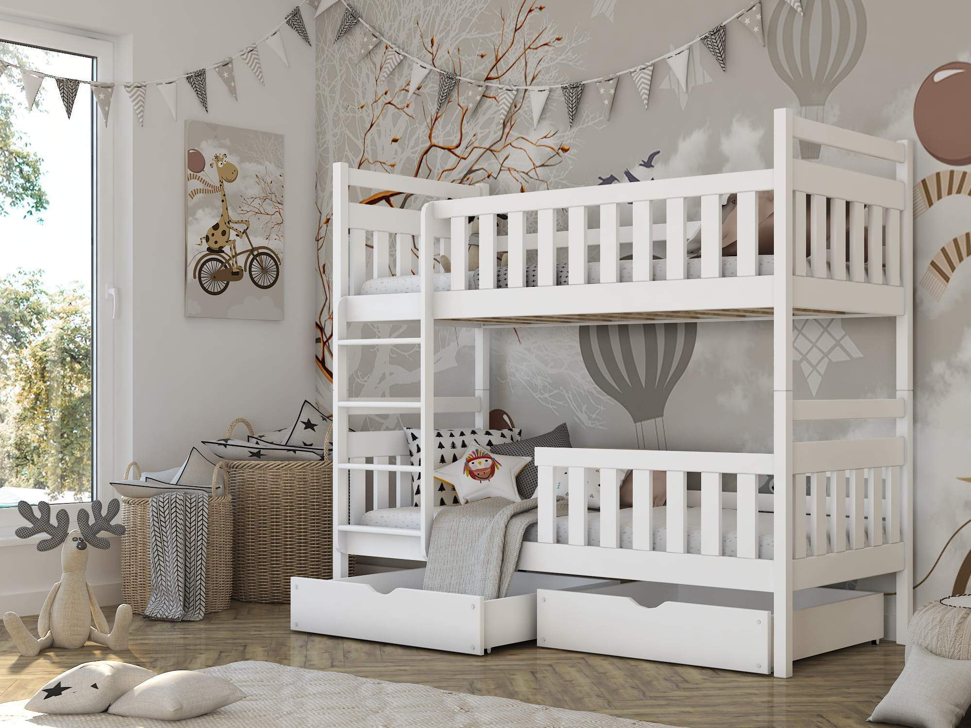 Montreal Wooden Bunk Bed with 2 Drawers Storage and Foam Mattress - White