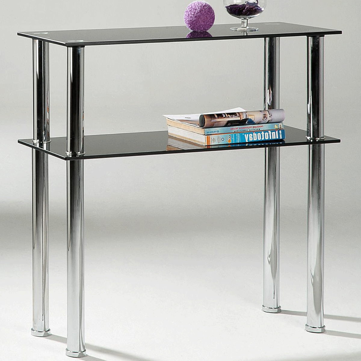 Beverley Tall Stainless Steel Stand Black Hall Unit with Glass Top - 2 Tier Shelves