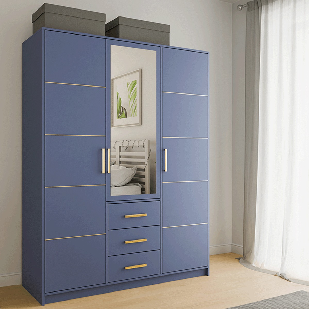 BARNSLEY 3 Door Mirrored Wardrobe with 3 Drawers Blue - 147cm