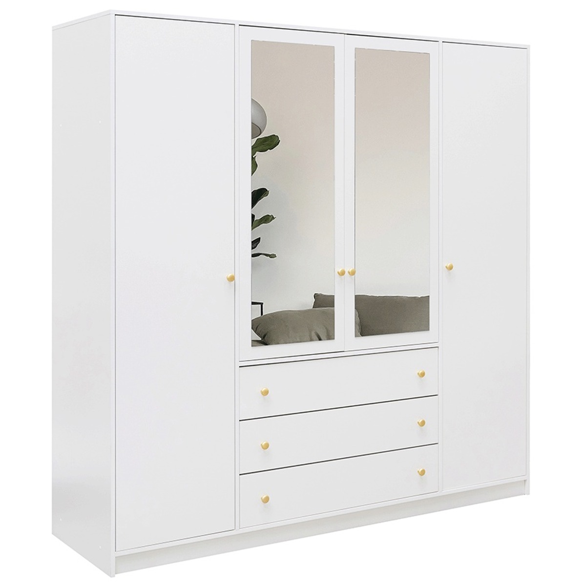 ELVIRO 4 Door Mirrored Wardrobe with 3 Drawers White - 196cm