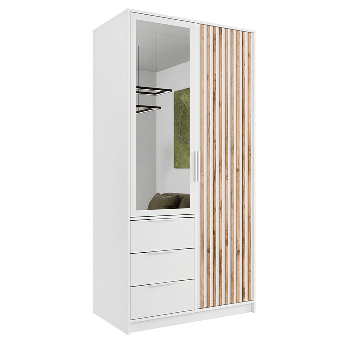BARNSLEY 2 Door Mirrored Wardrobe with 3 Drawers White - 100cm