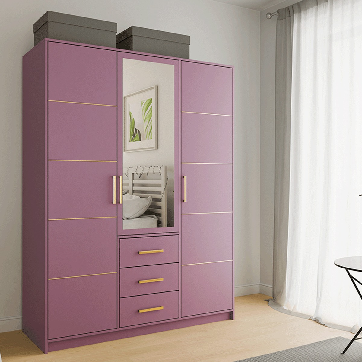 BARNSLEY 3 Door Mirrored Wardrobe with 3 Drawers Purple - 147cm