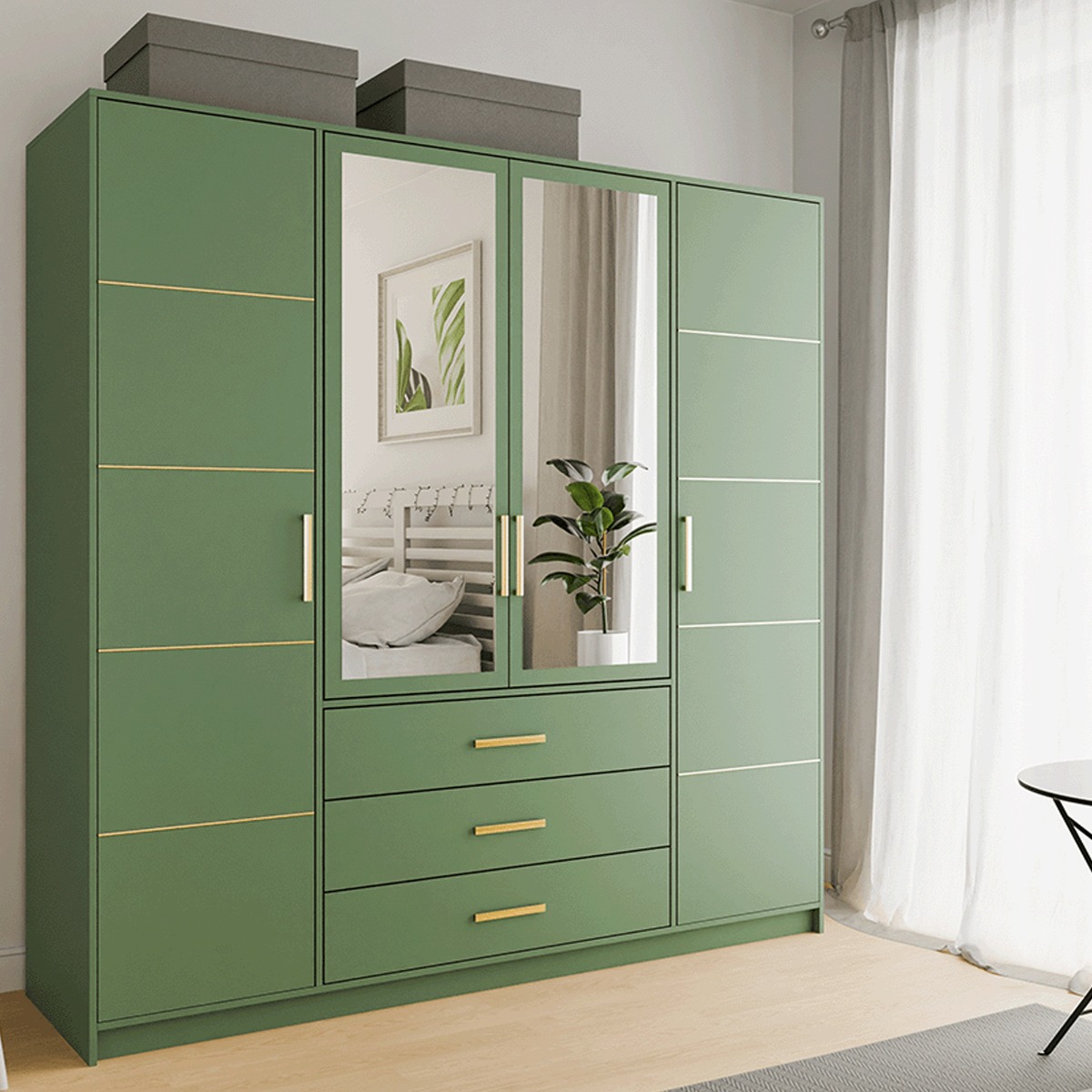 BARNSLEY 4 Door Mirrored Wardrobe with 3 Drawers Green - 196cm