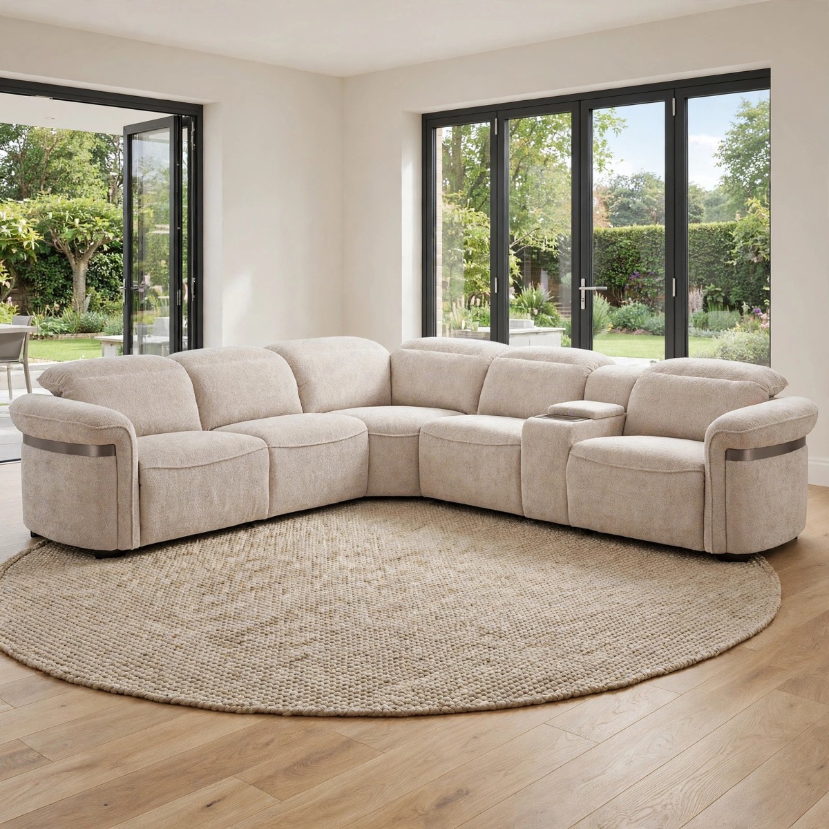 DENSWICK Fabric Large 5 Seater L Shaped Electric Recliner Corner Sofa - Beige