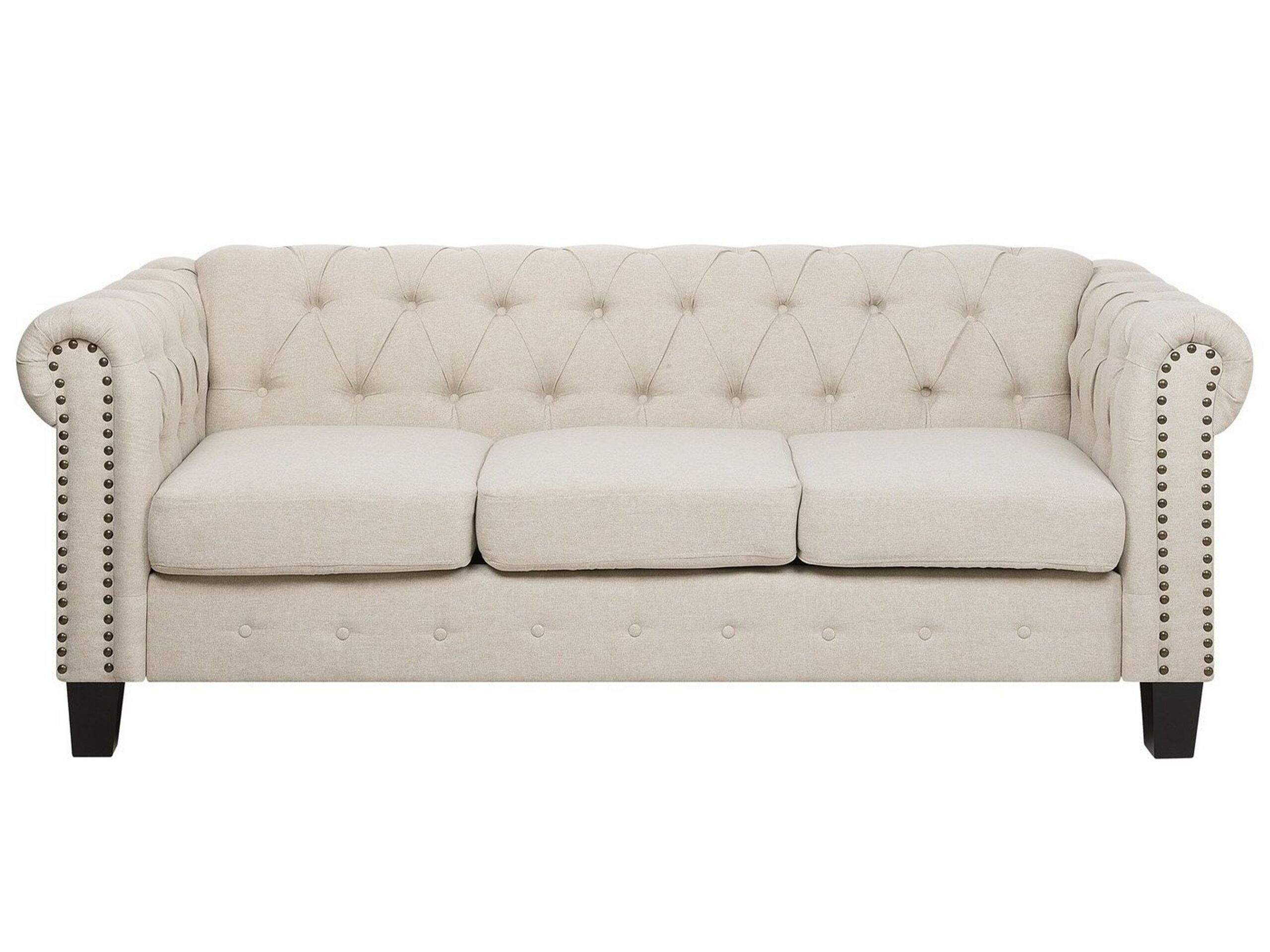 3 Seater Fabric Sofa Nailhead Trim Beige CHESTERFIELD