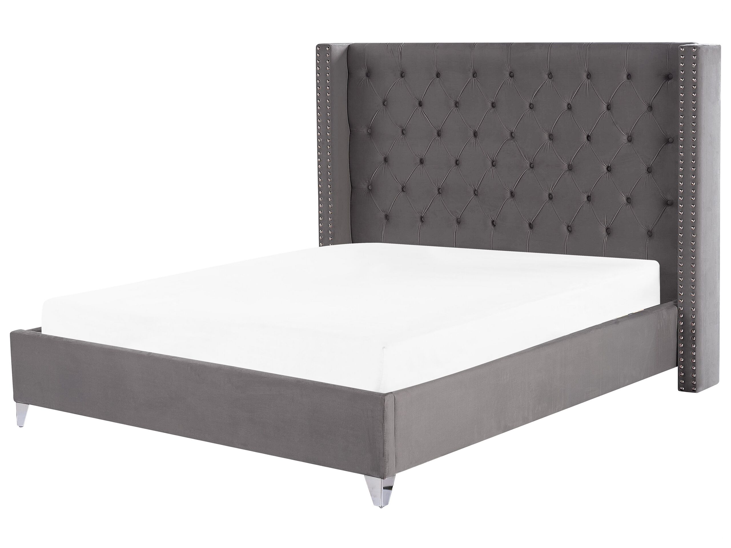 Slatted Bed Frame Grey Velvet Upholstered Tufted Headrest Nailhead Trim 6ft EU Super King Size Glam Design