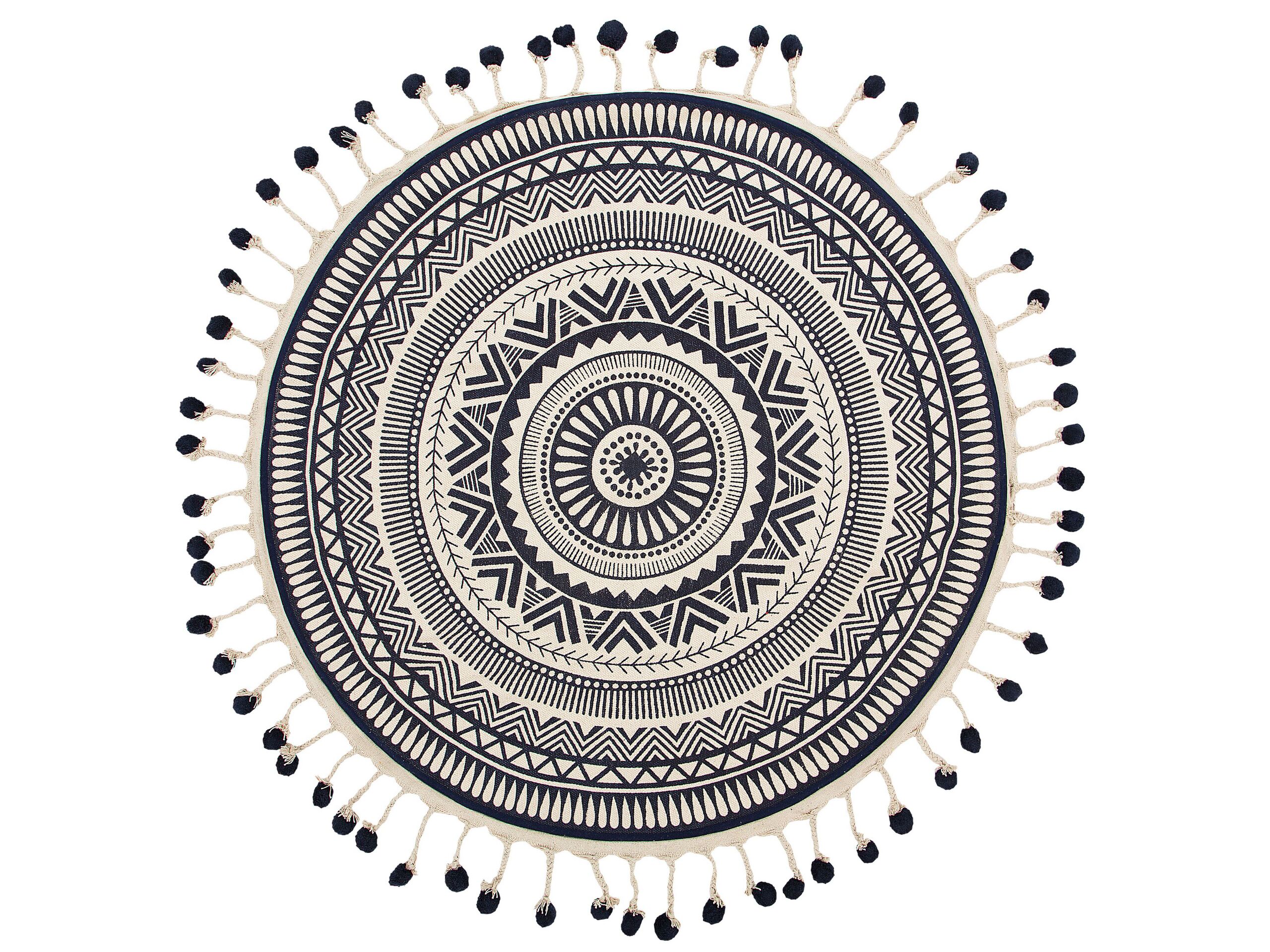 Round Cotton Area Rug with Tassels 120cm Cream and Navy Blue