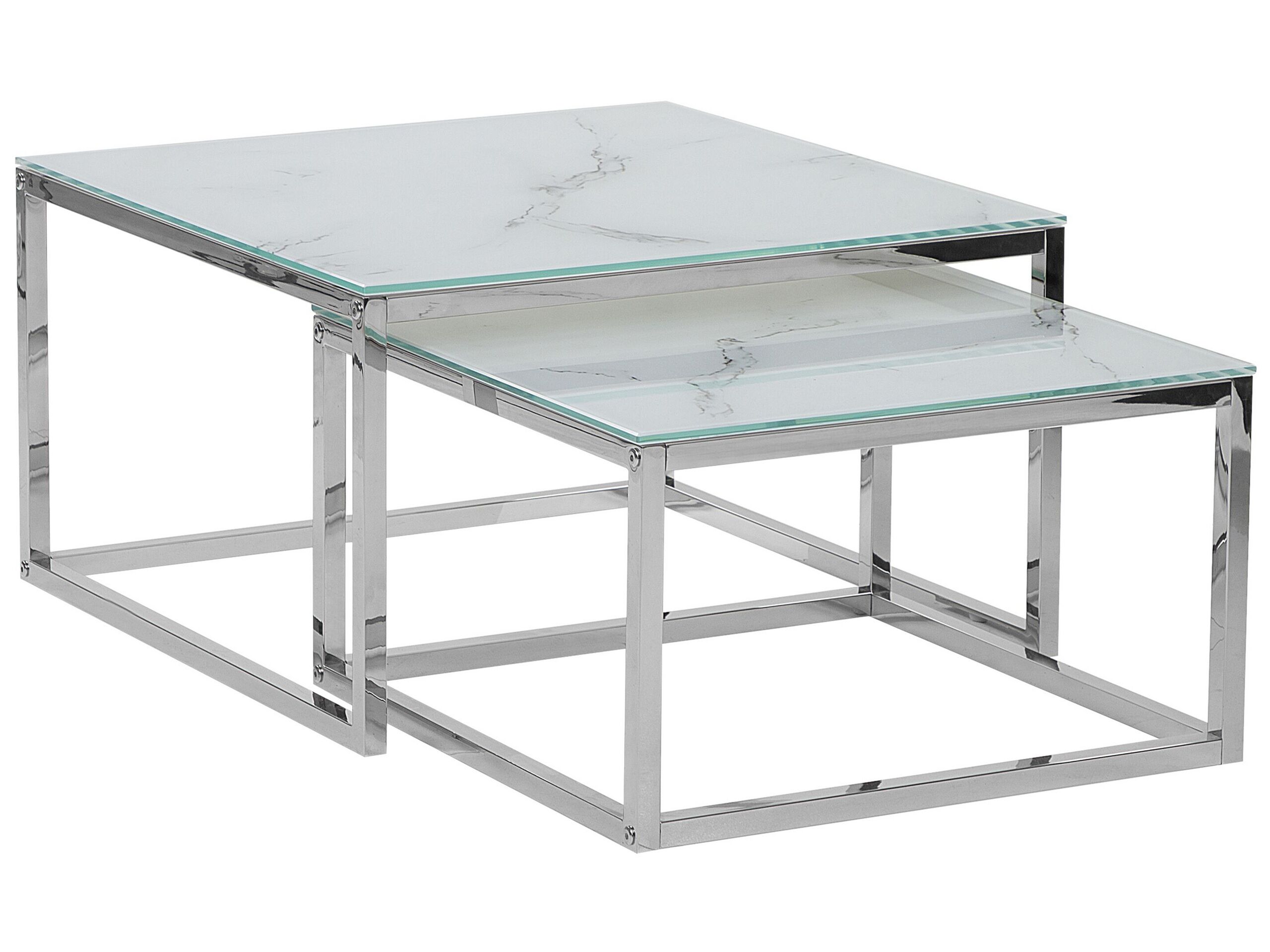 Nest of 2 Tables Marble Effect White with Silver BREA