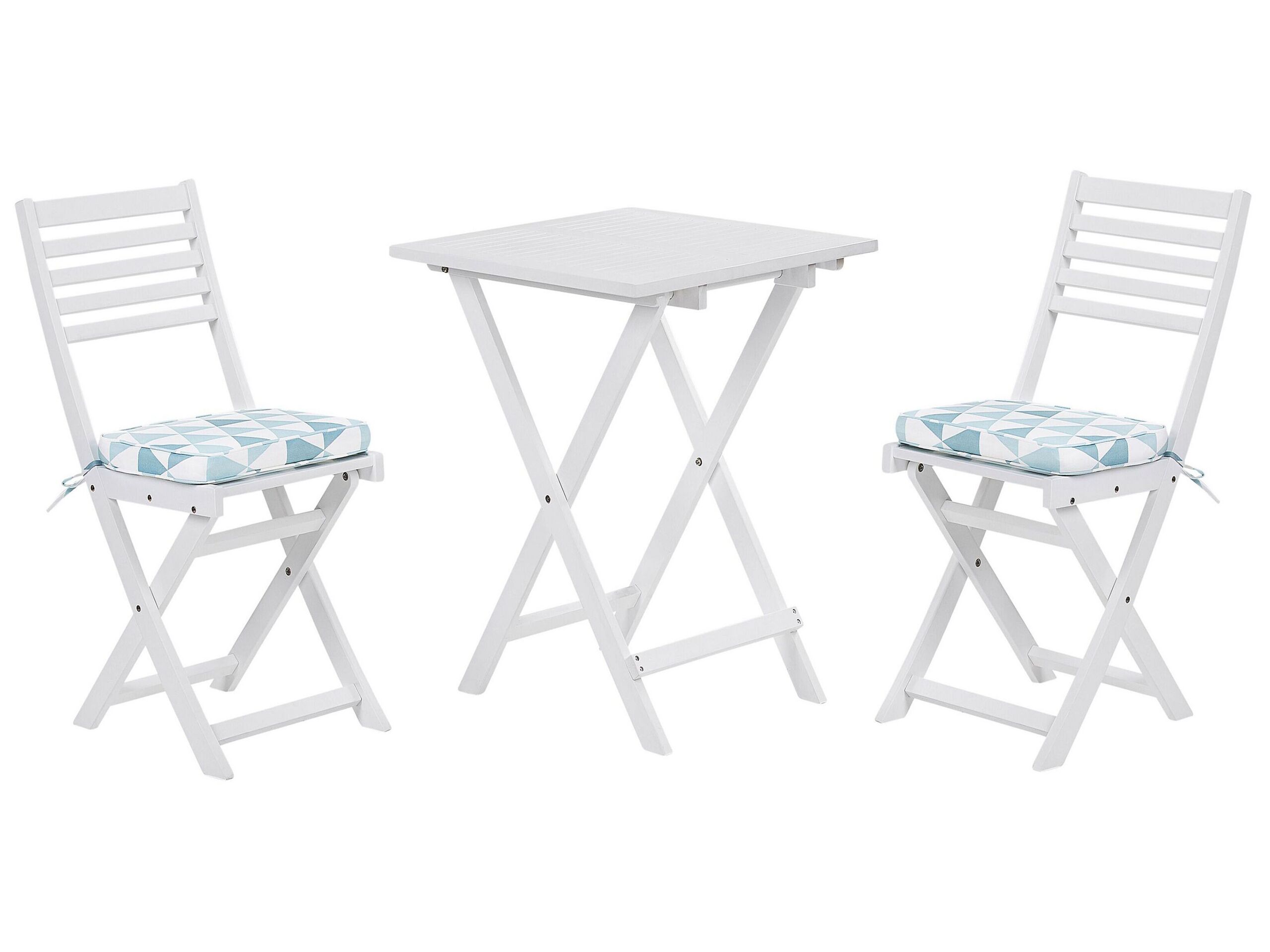 Acacia Wood Garden Bistro Set with Blue Triangles Cushions White FIJI