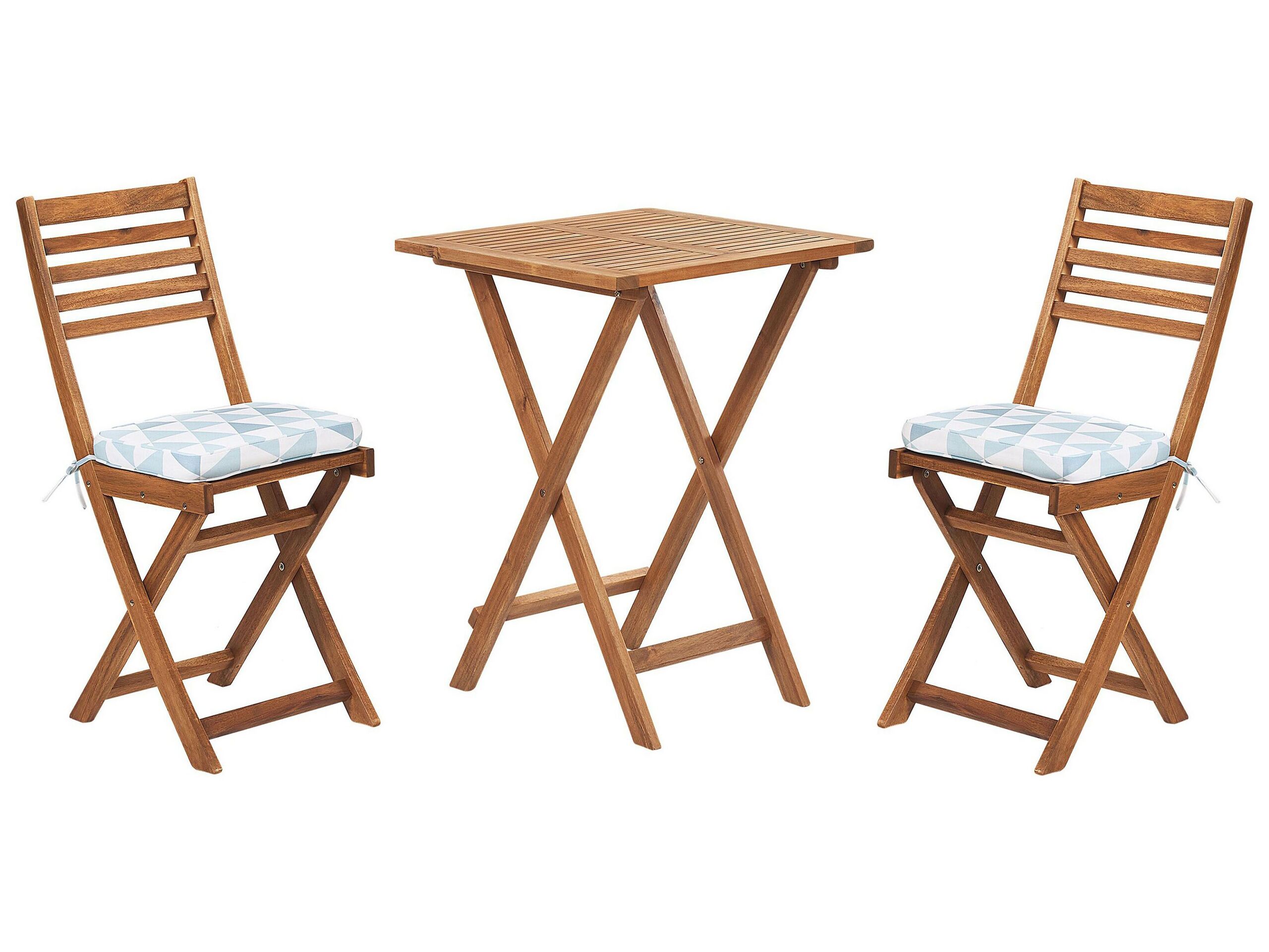 Acacia Wood Garden Bistro Set with Blue Triangles Cushions FIJI