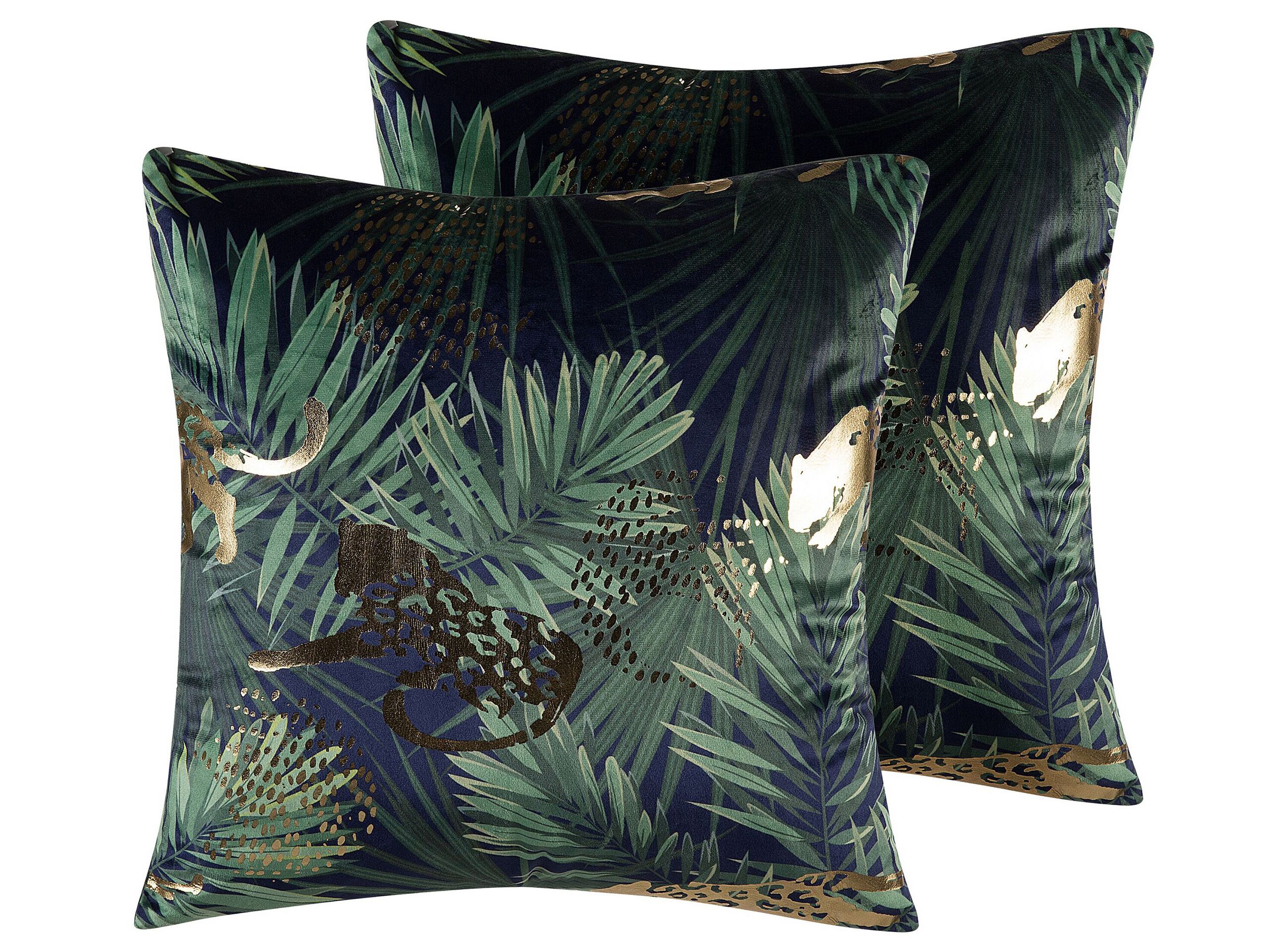 Set of 2 Velvet Cushions Leaf Pattern 45x45cm Green