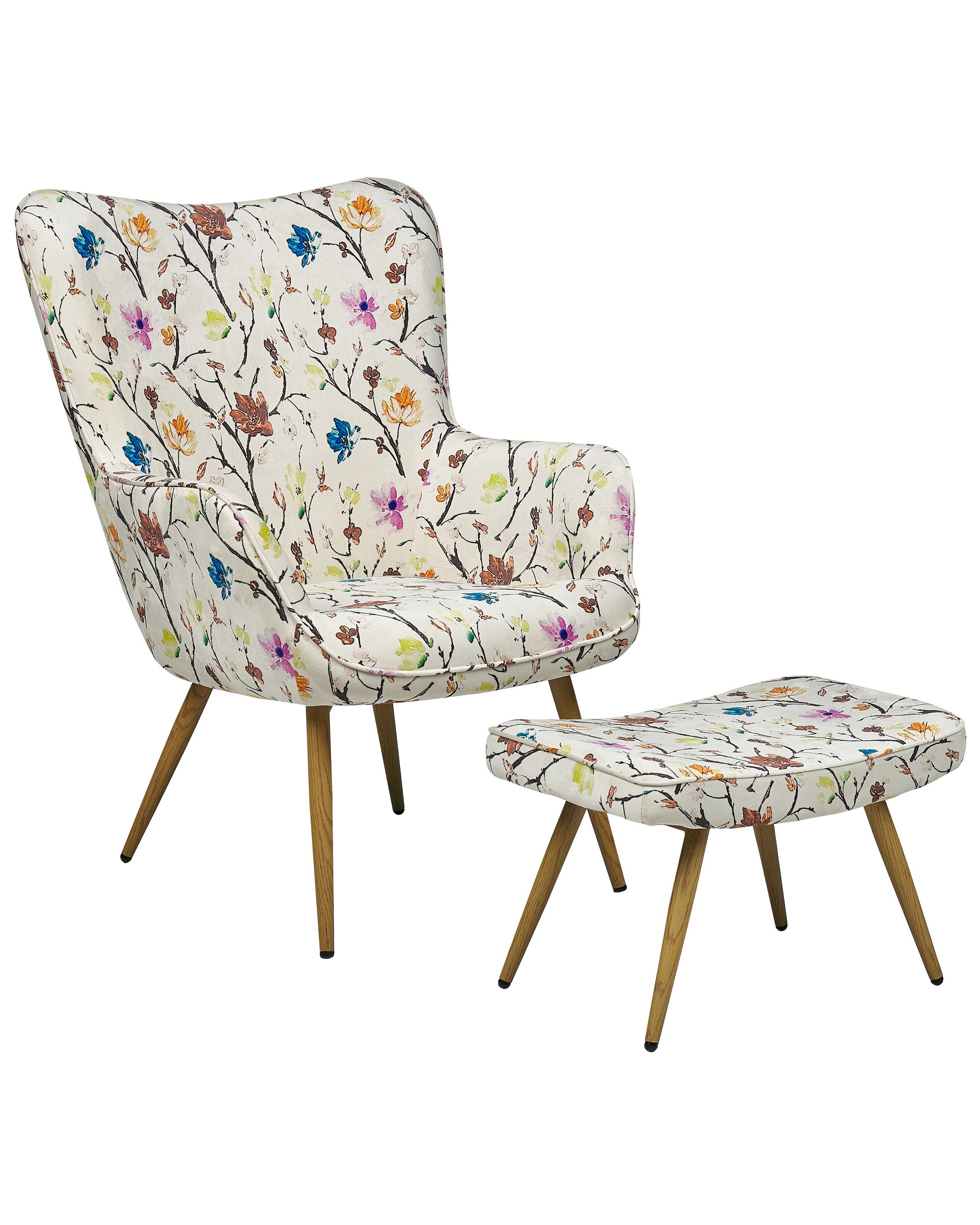 Wingback Chair with Footstool Floral Pattern Cream VEJLE II