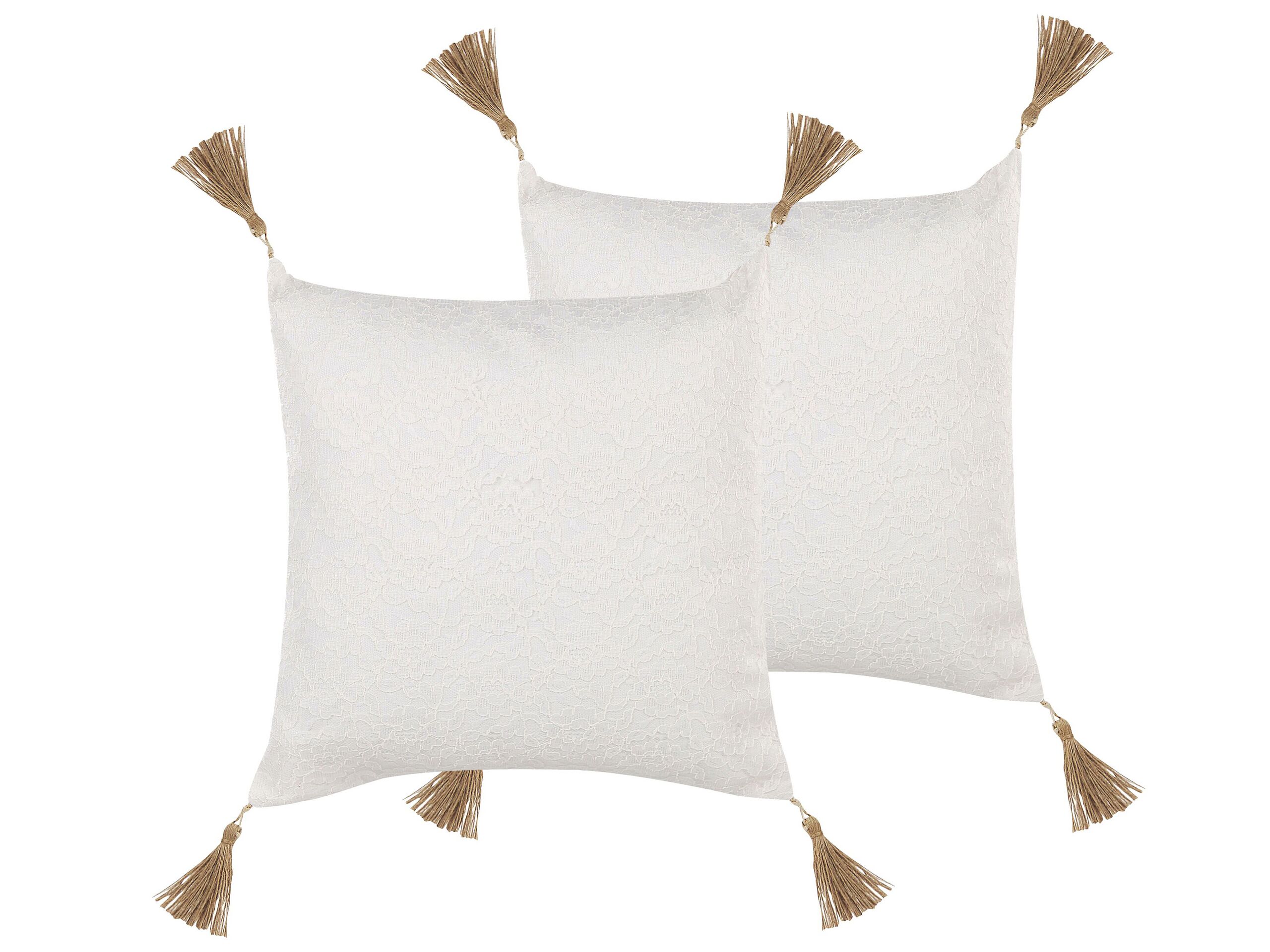 Set of 2 Embossed Cushions with Tassels 45x45cm White