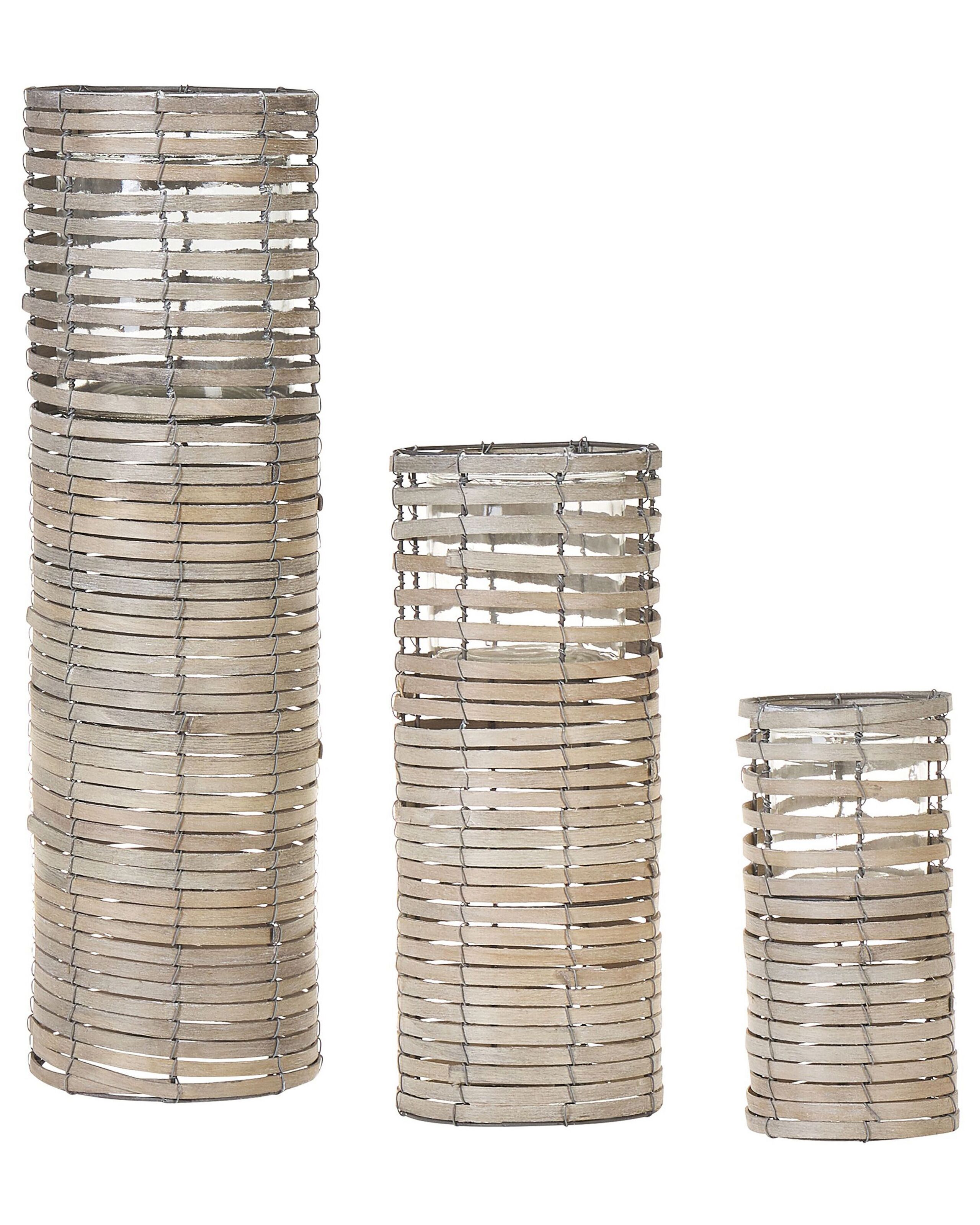 Set of 3 Candle Holders Light Wood