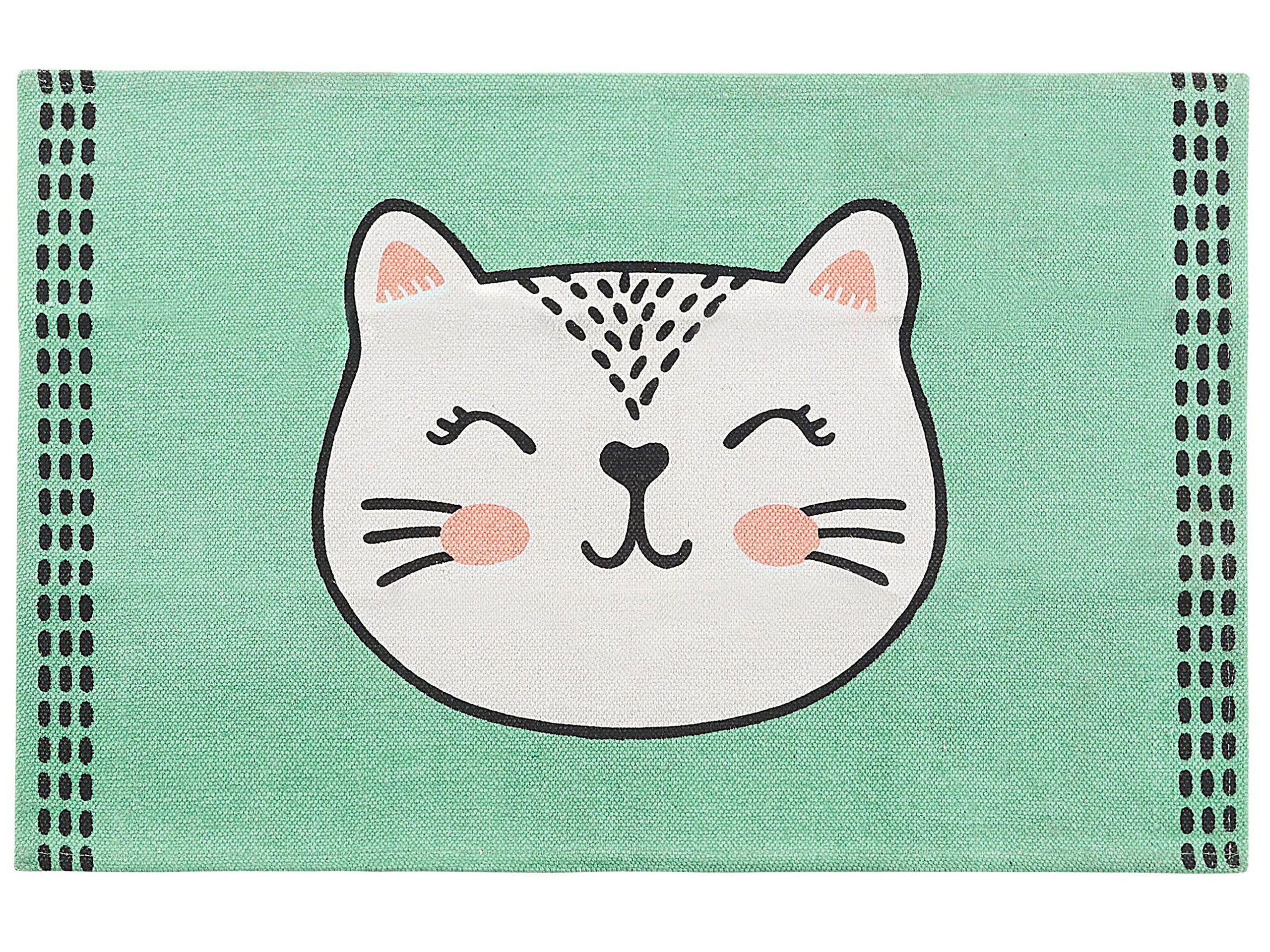 Cotton Kids Rug Cat Print 60x90cm Green