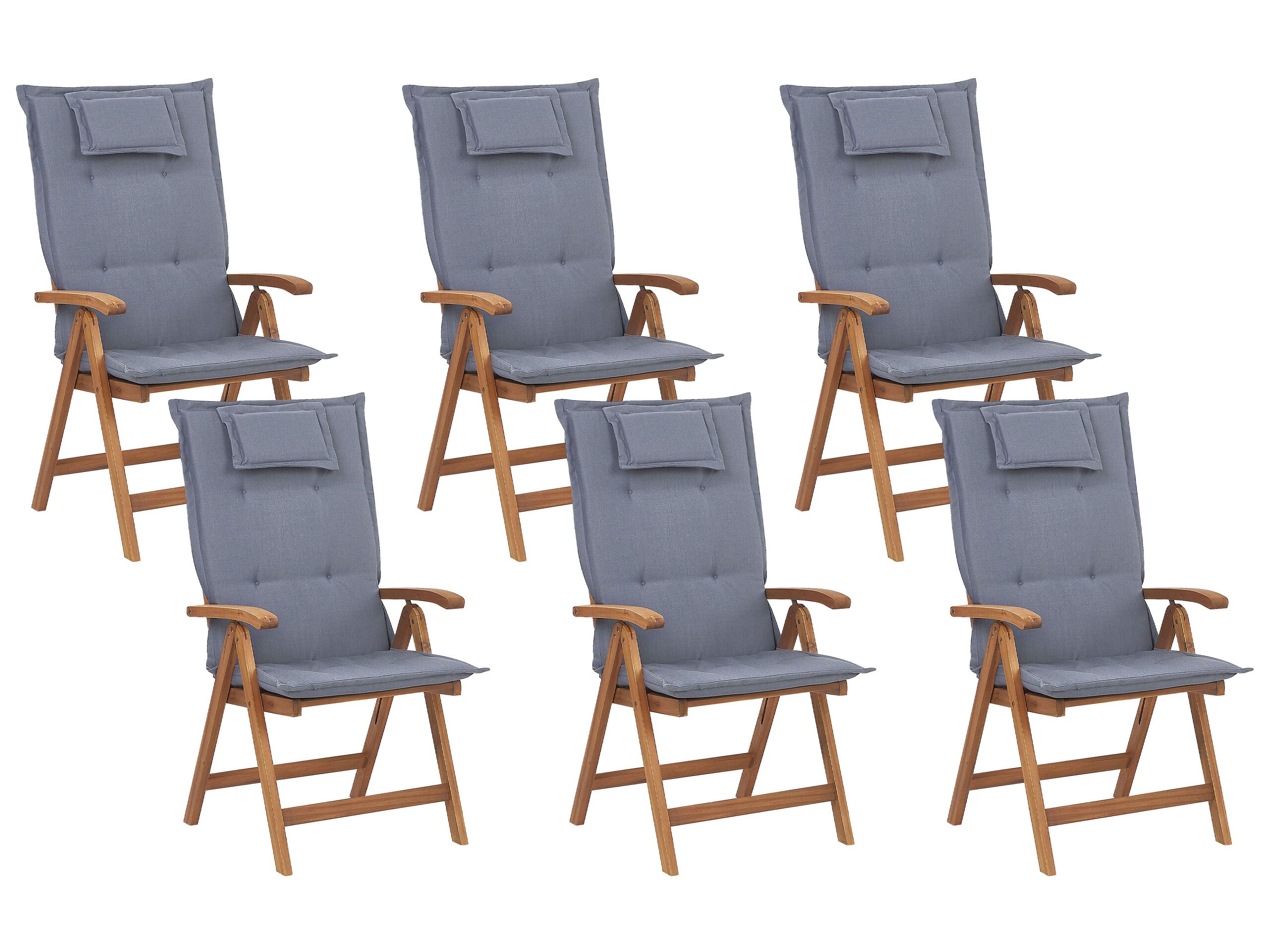 Set of 6 Acacia Wood Garden Folding Chairs with Blue Cushions JAVA