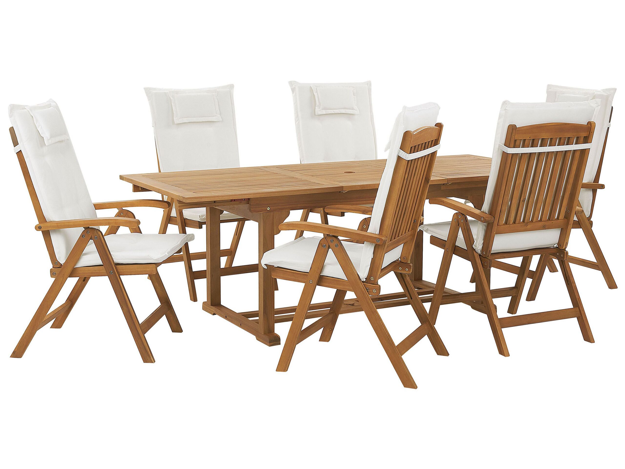 6 Seater Acacia Wood Garden Dining Set with Off-White Cushions JAVA