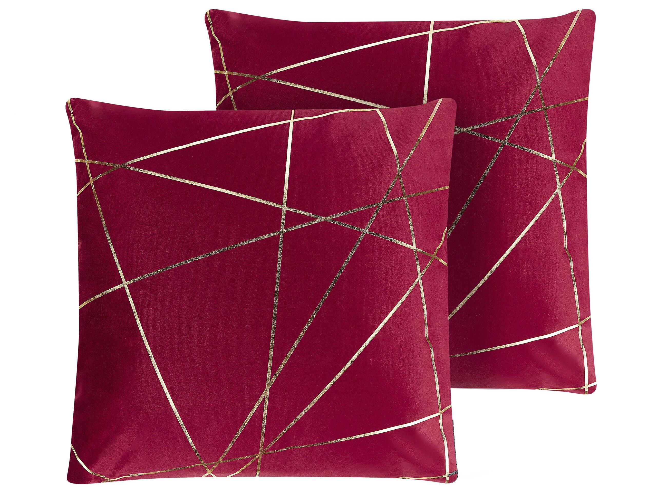 Set of 2 Velvet Cushions Geometric Pattern 45x45cm Red
