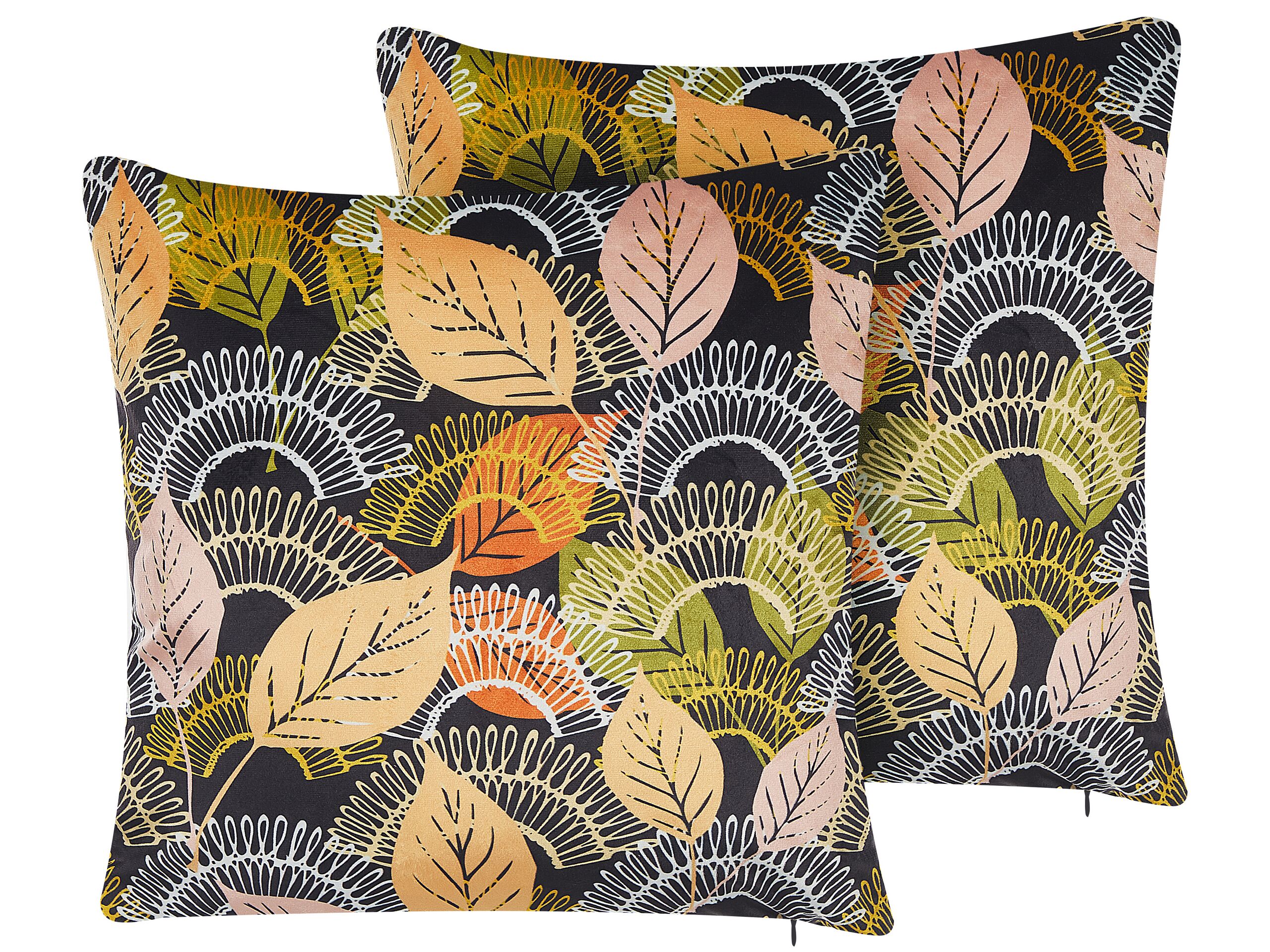 Set of 2 Velvet Cushions Leaf Pattern 45x45cm Multicolour