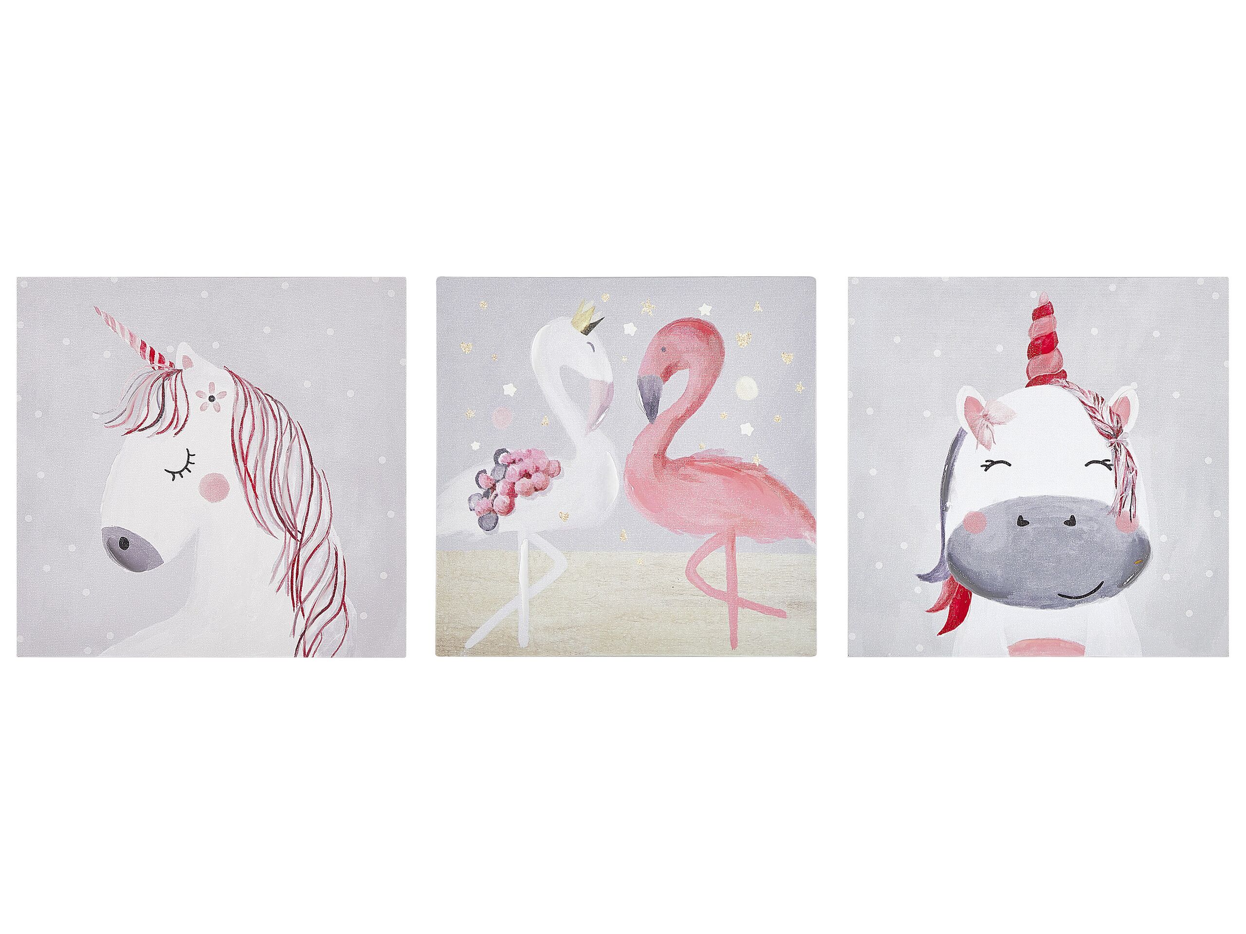 Set of 3 Animals Canvas Art Prints 30 x 30 cm Grey and Pink TIMIA