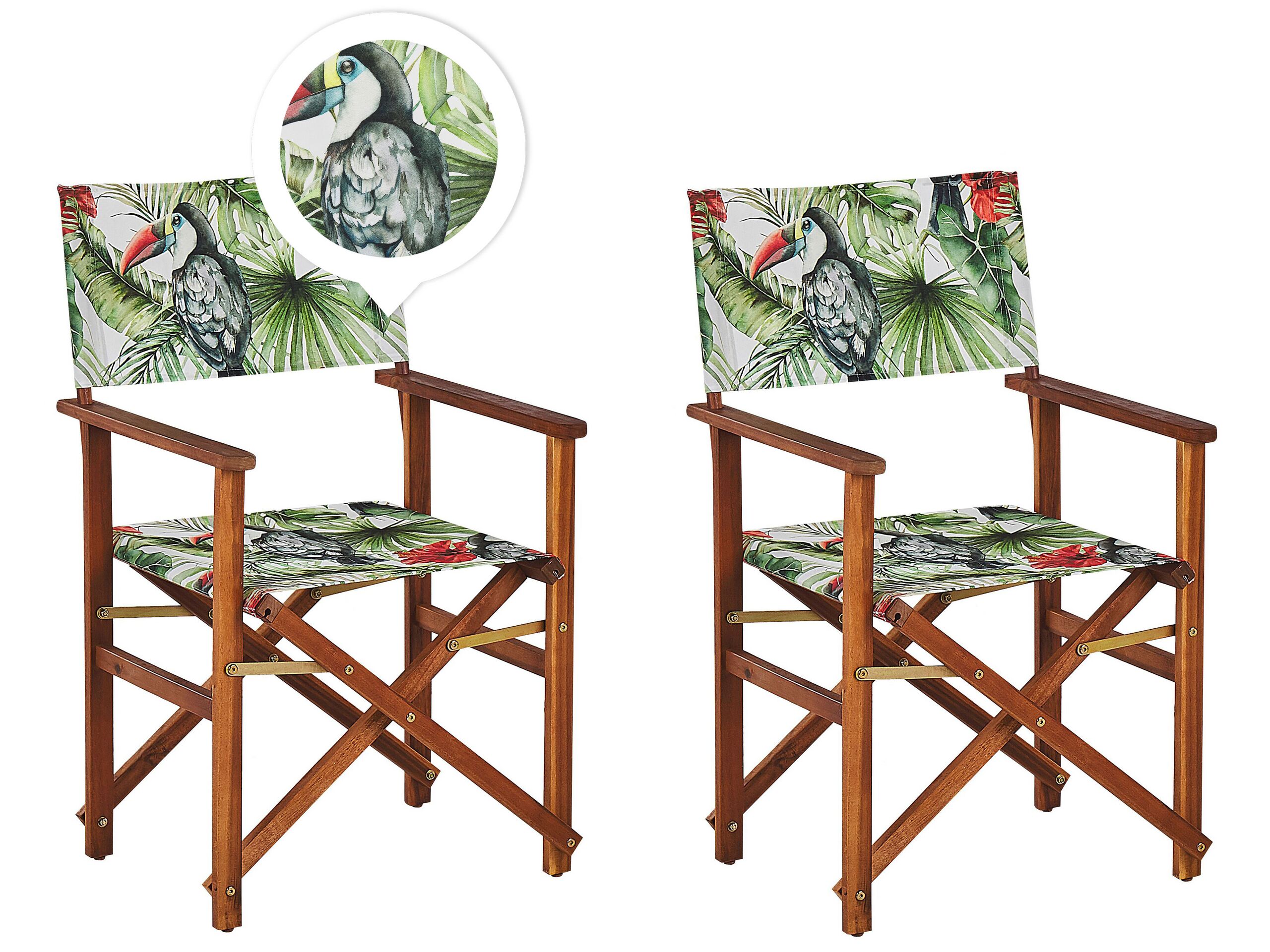 Set of 2 Acacia Folding Chairs and 2 Replacement Fabrics Dark Wood with Off-White / Toucan Pattern CINE