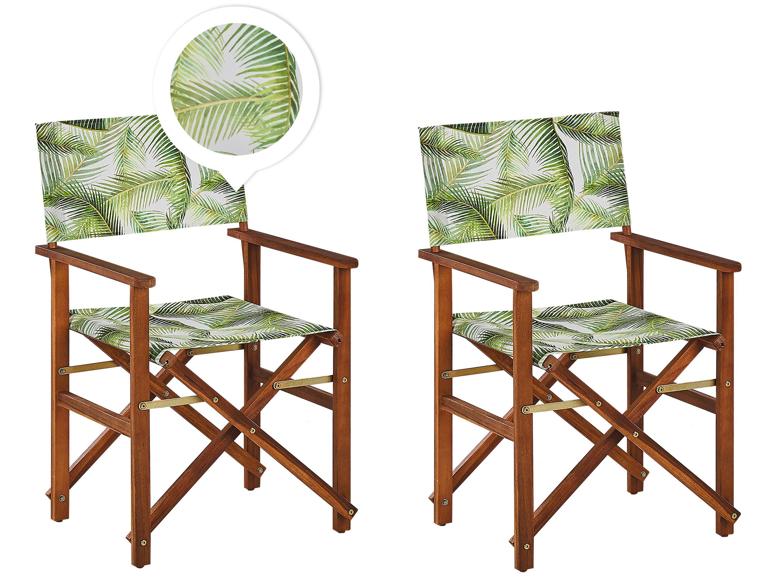Set of 2 Acacia Folding Chairs and 2 Replacement Fabrics Dark Wood with Off-White / Tropical Leaves Pattern CINE
