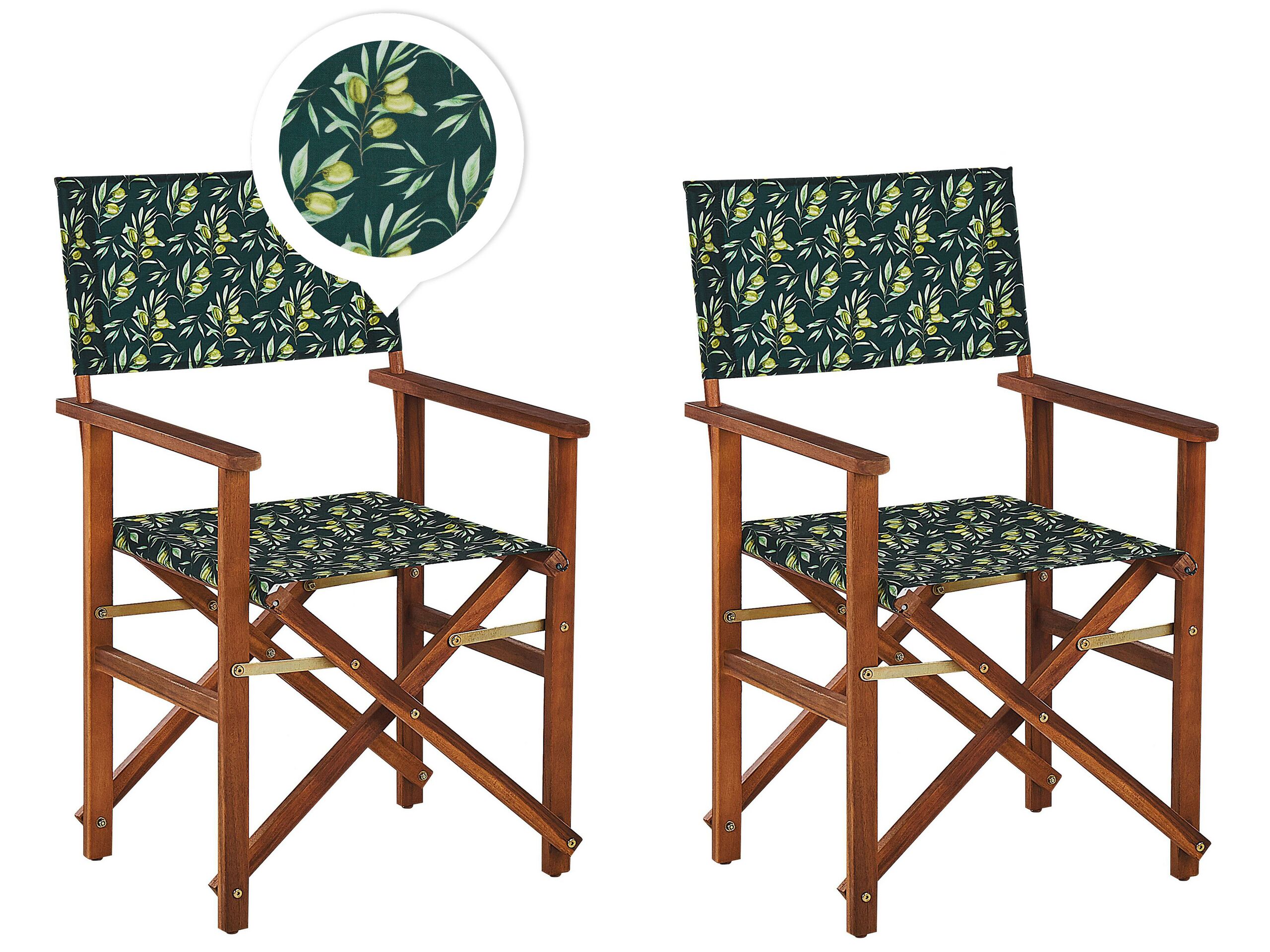 Set of 2 Acacia Folding Chairs and 2 Replacement Fabrics Dark Wood with Off-White / Olives Pattern CINE