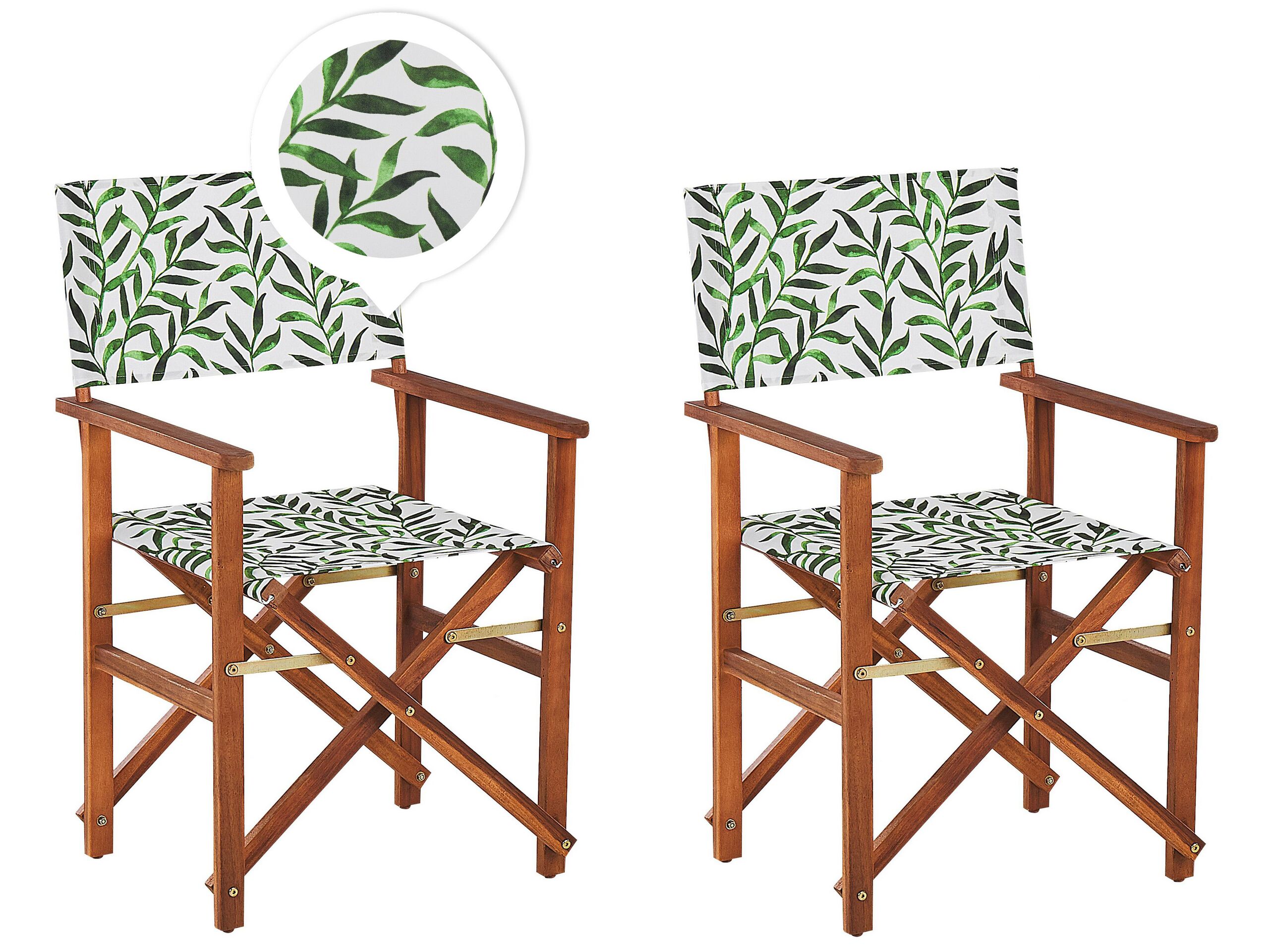 Set of 2 Acacia Folding Chairs and 2 Replacement Fabrics Dark Wood with Off-White / Leaf Pattern CINE