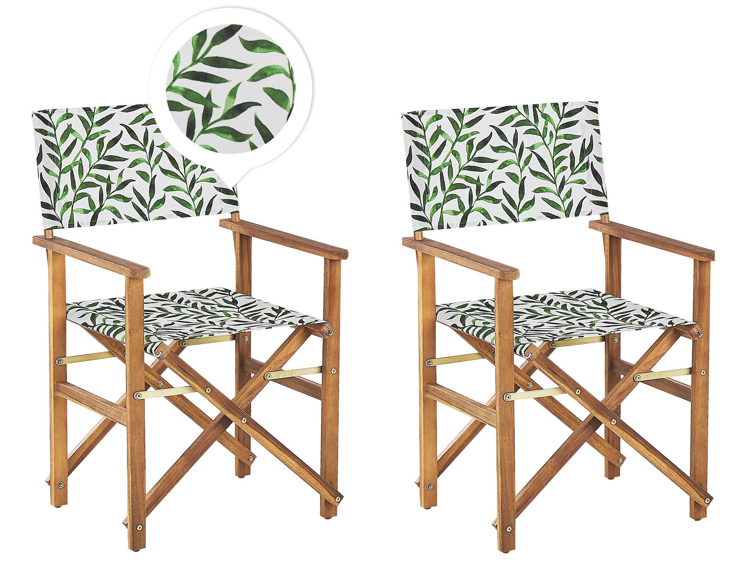 Set of 2 Acacia Folding Chairs and 2 Replacement Fabrics Light Wood with Off-White / Leaf Pattern CINE
