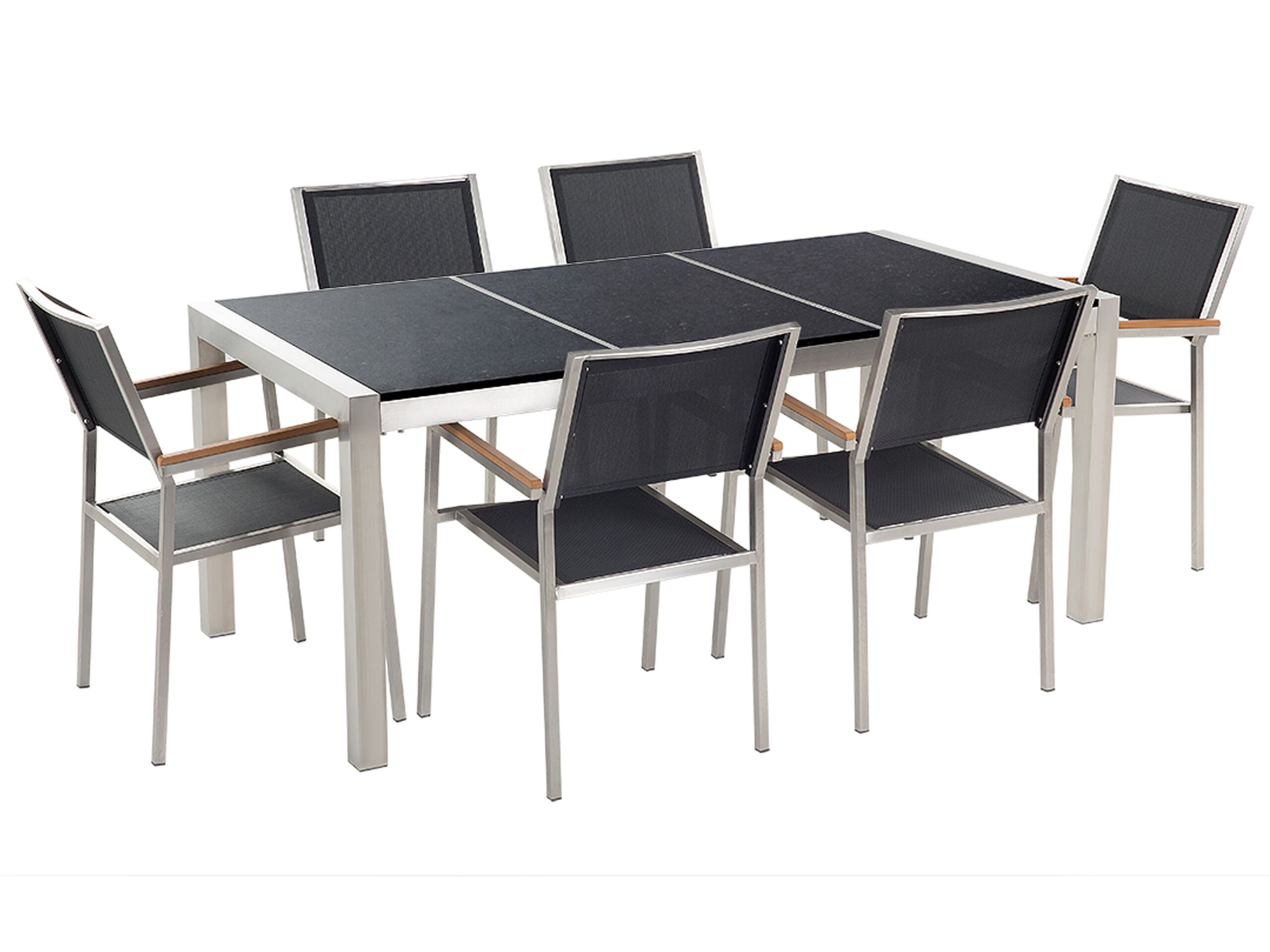 6 Seater Garden Dining Set Black Granite Top with Black Chairs GROSSETO