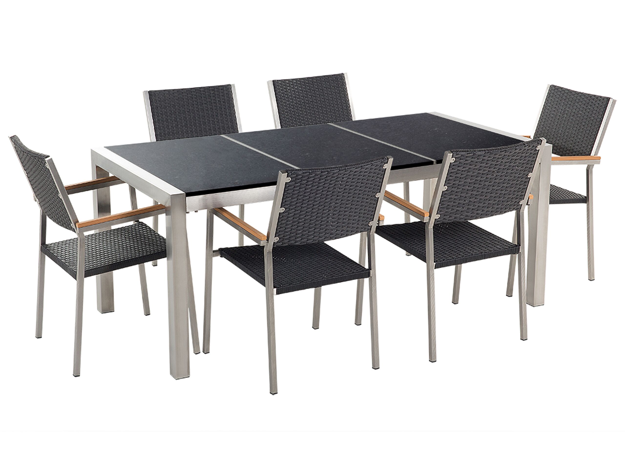 6 Seater Garden Dining Set Black Granite Triple Plate Top with Black Rattan Chairs GROSSETO