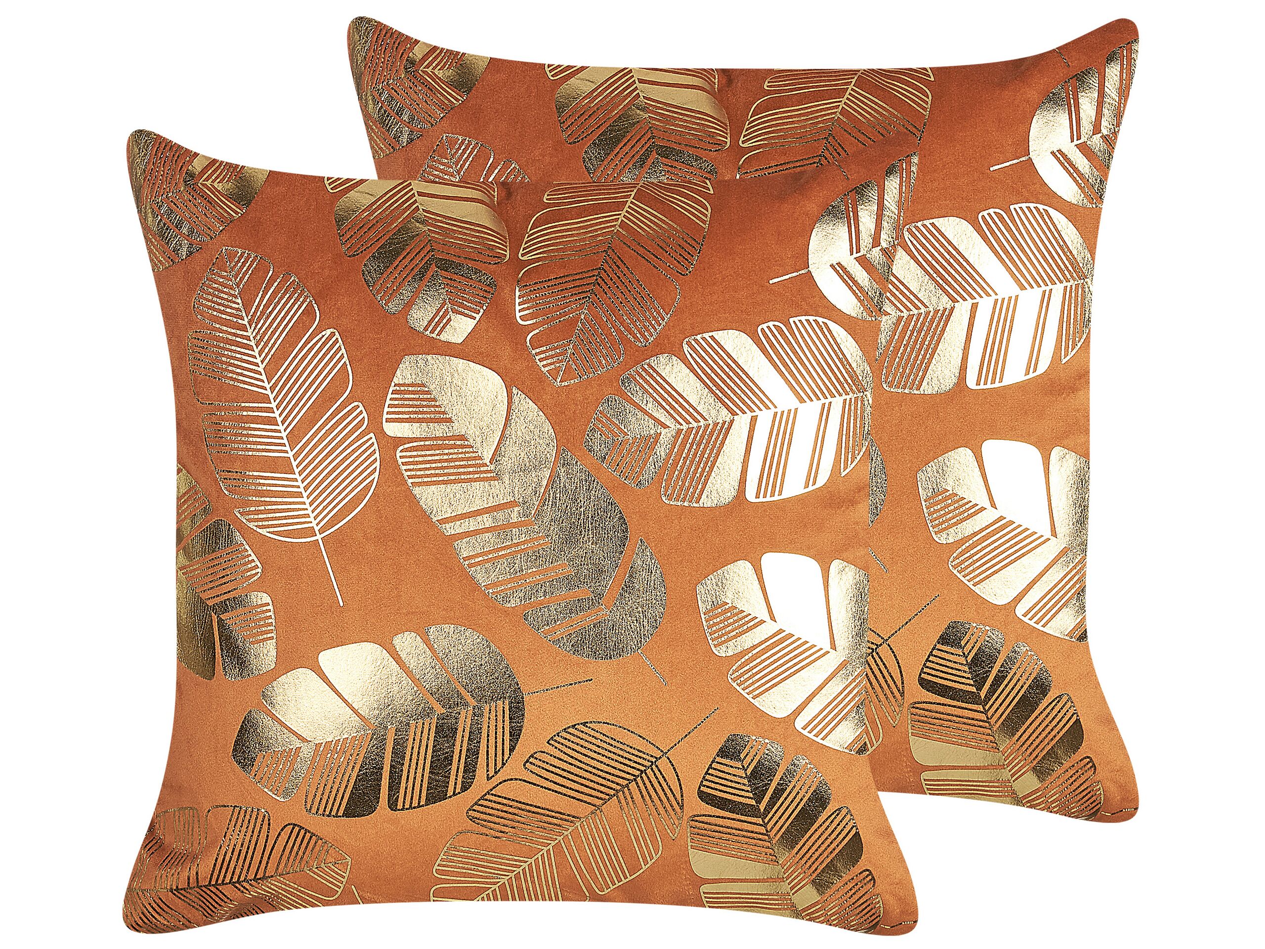 Set of 2 Velvet Cushions Leaf Print 45x45cm Orange