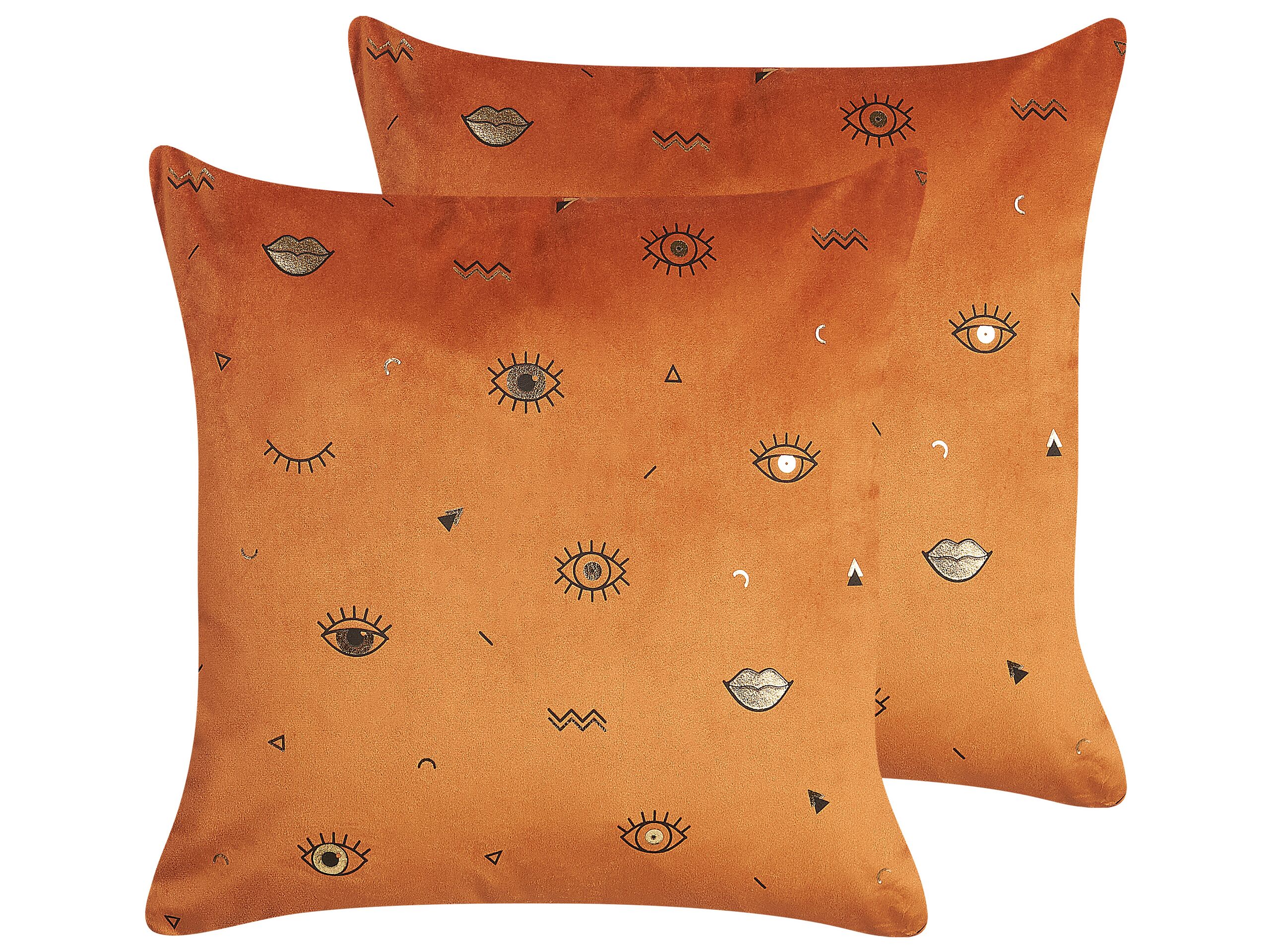 Set of 2 Velvet Cushions Eye Motif 45x45cm Orange