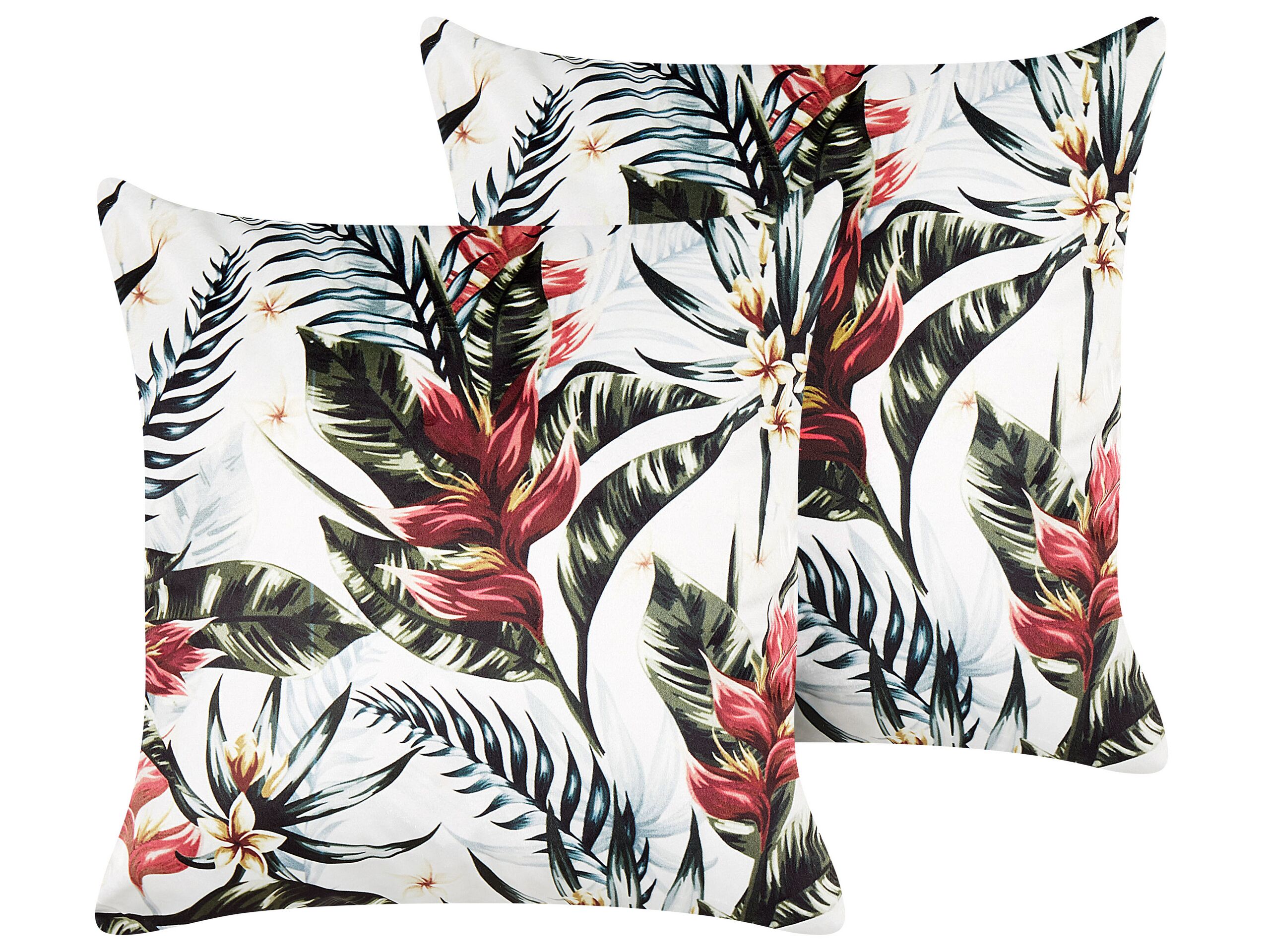 Set of 2 Velvet Cushions Leaf Pattern 45x45cm Green and Red