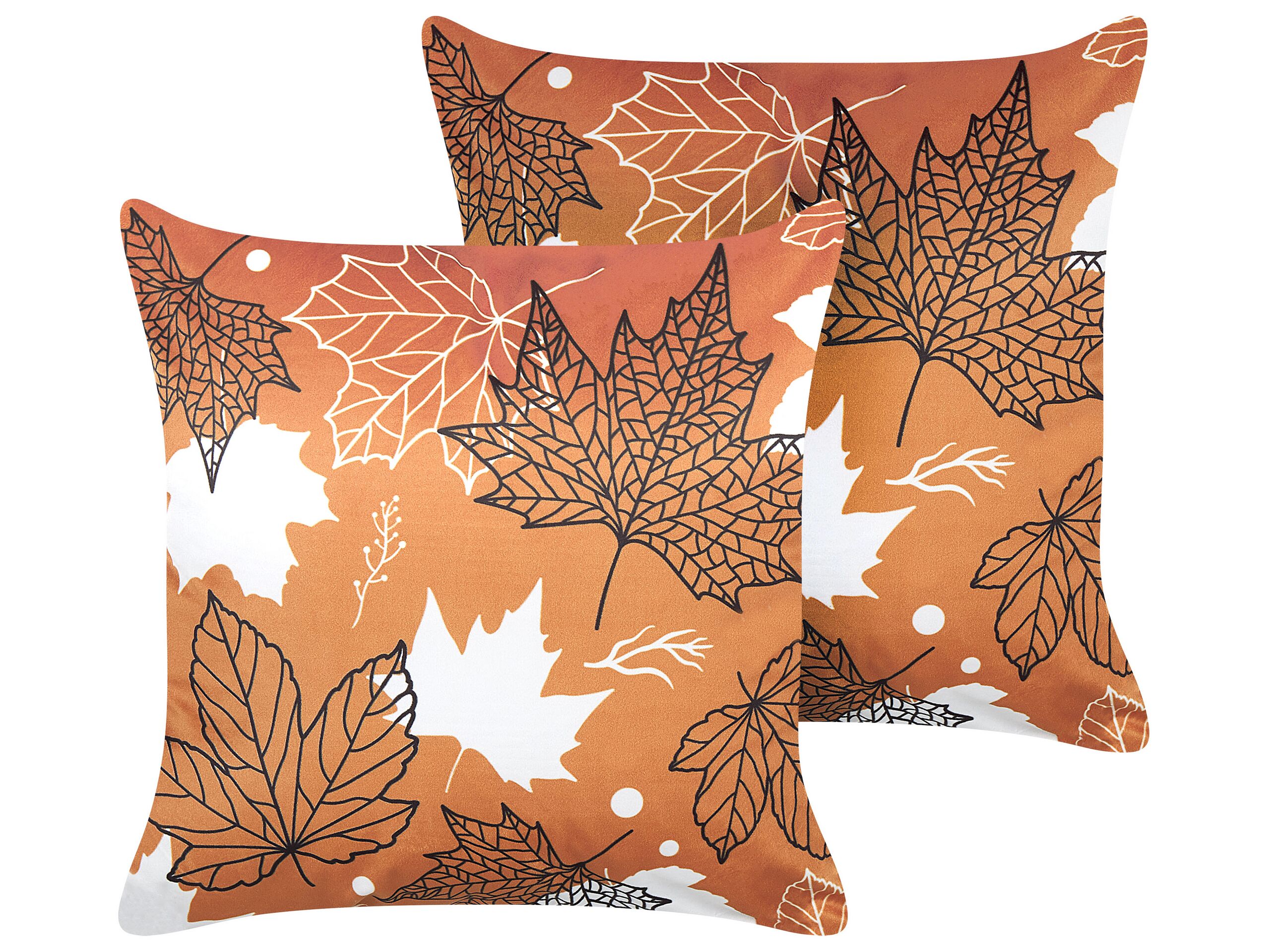 Set of 2 Velvet Cushions Leaf Pattern 45x45cm Orange