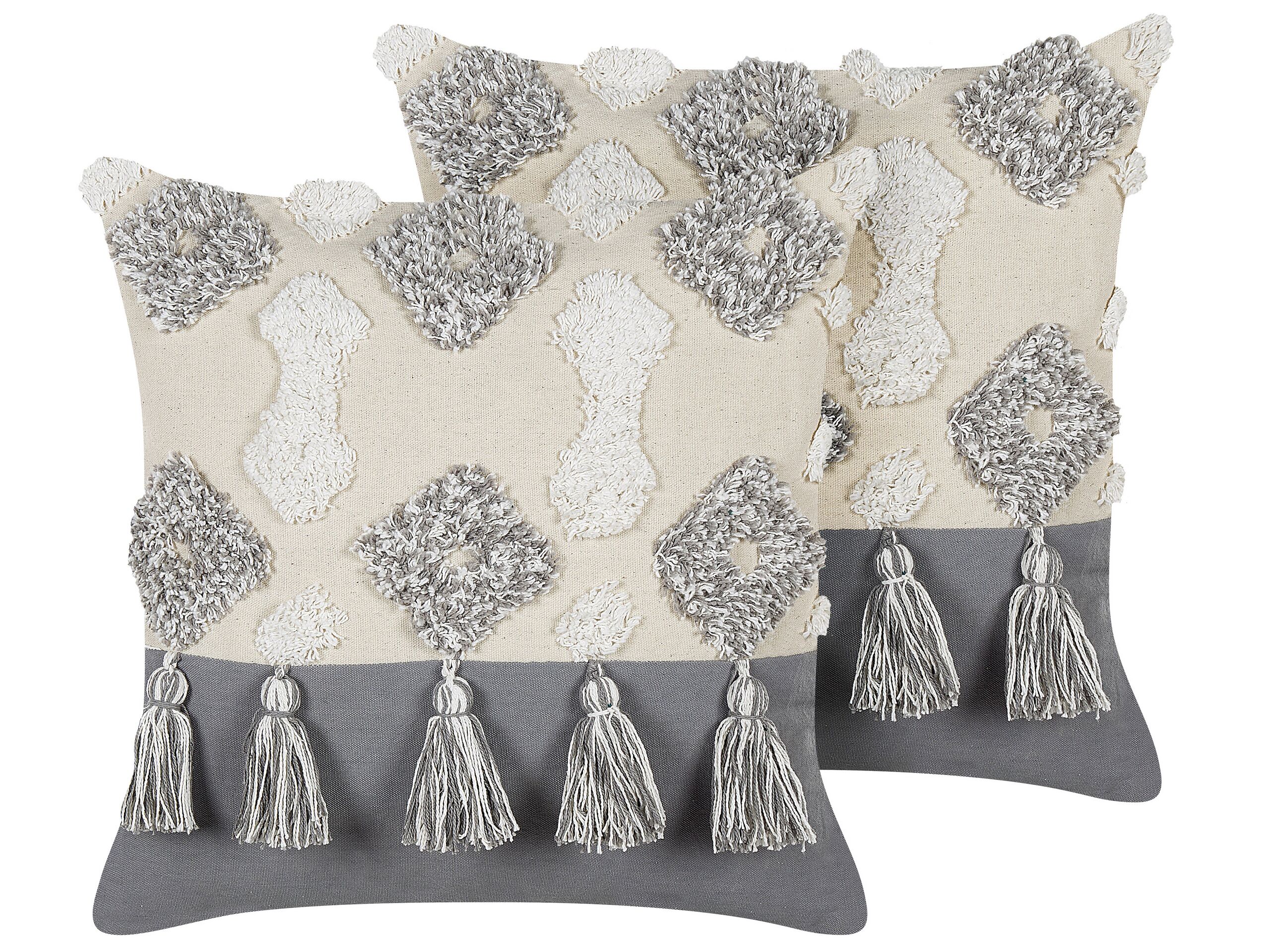 Set of 2 Tufted Cotton Cushions with Tassels 45x45cm Beige and Grey