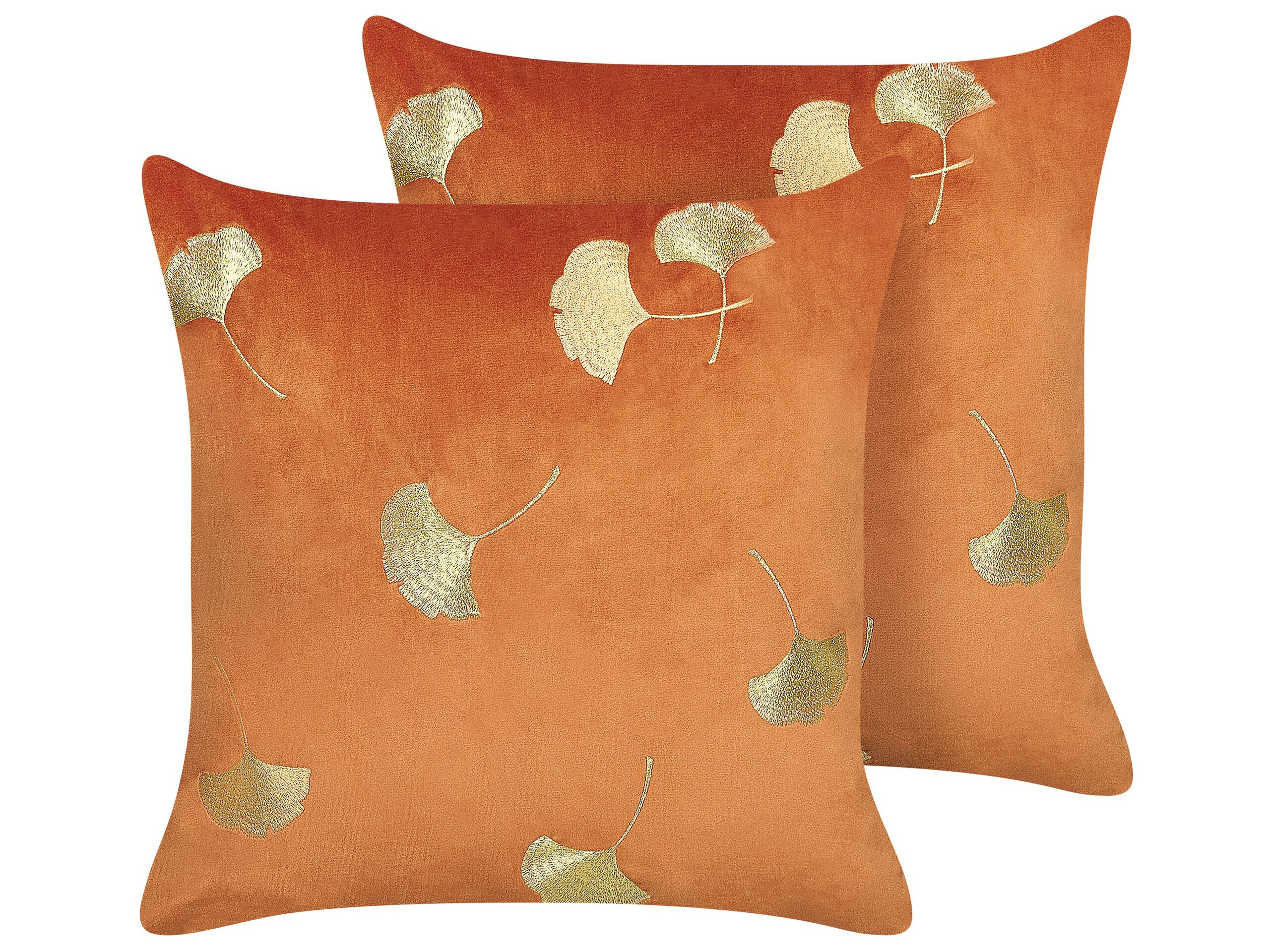 Set of 2 Velvet Cushions Leaf Print 45x45cm Orange